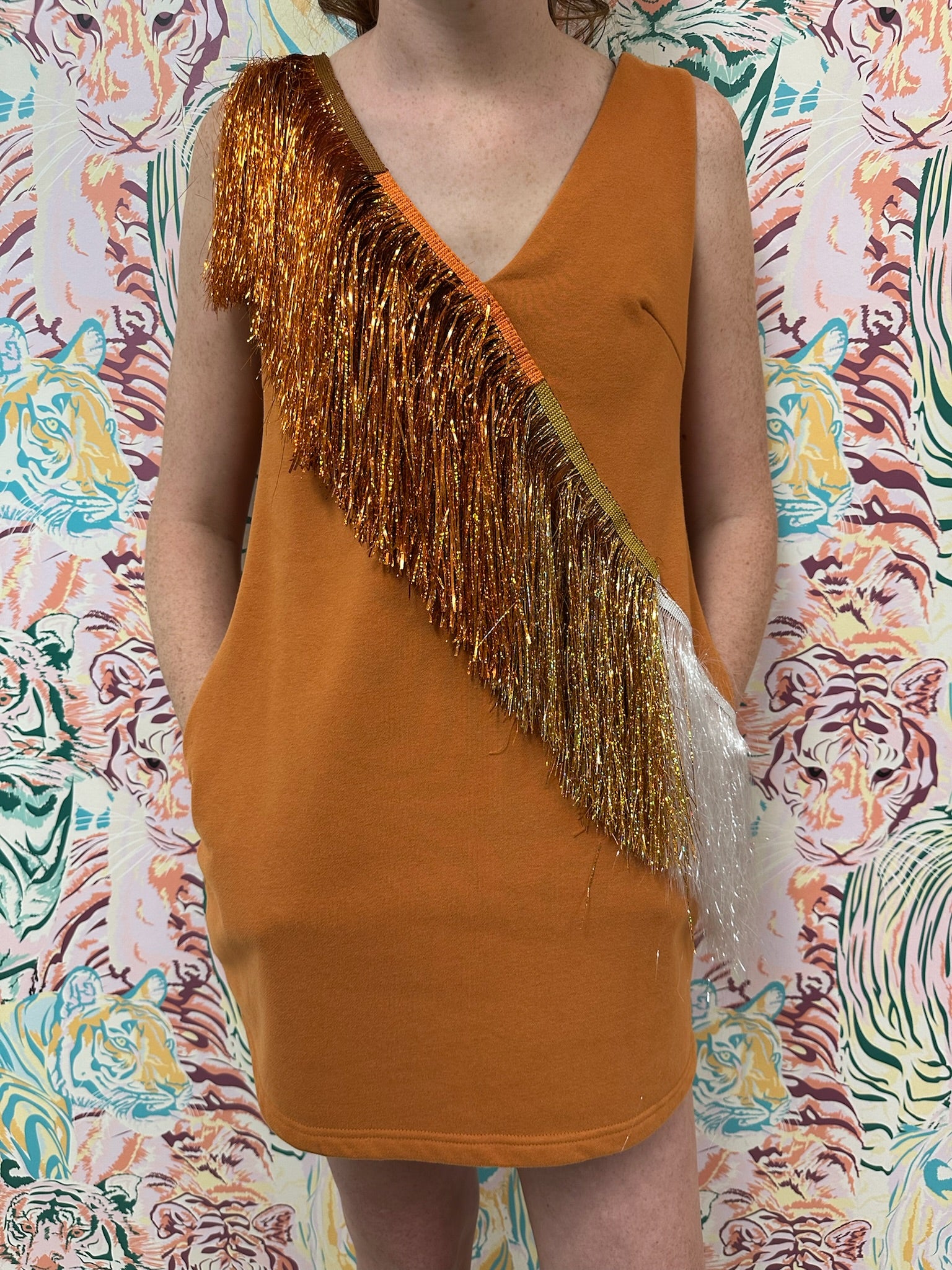 SAMPLE- Burnt Orange & White Diagonal Metallic Fringe Dress