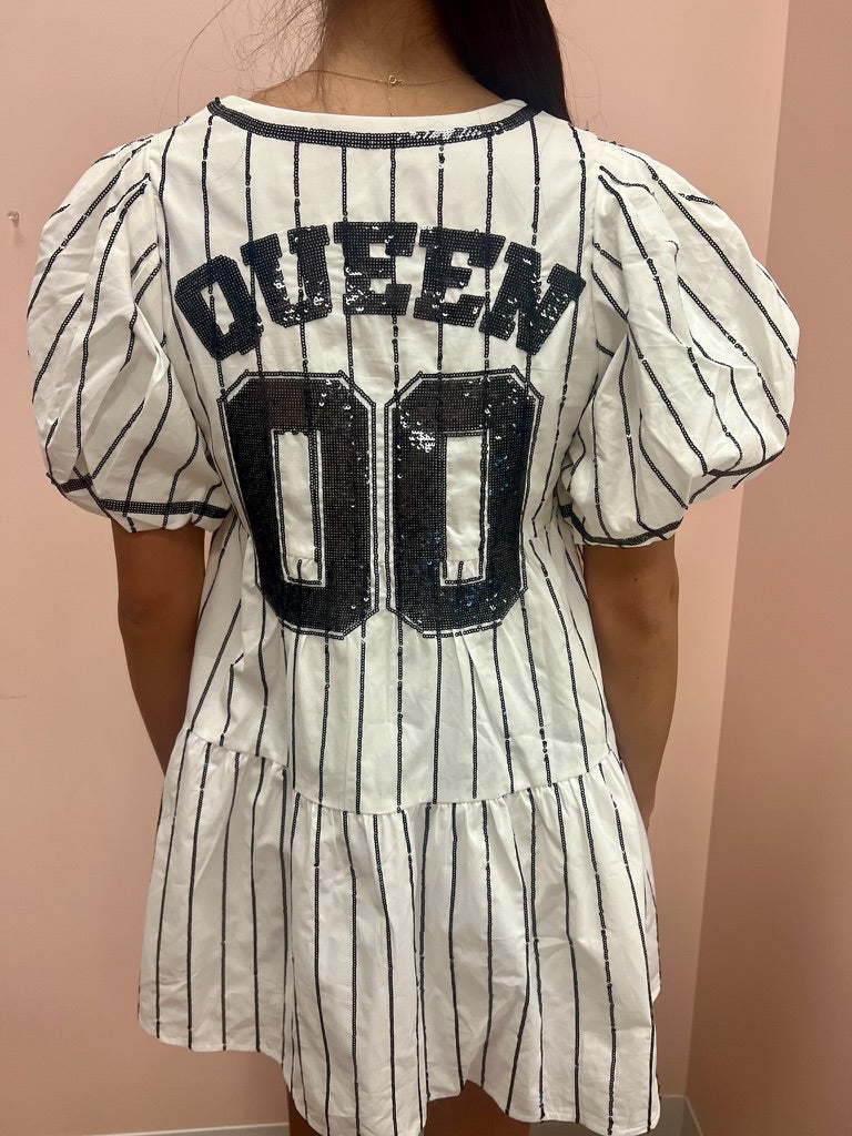 SAMPLE- White With Black Pinstripe Queen Team Jersey Dress