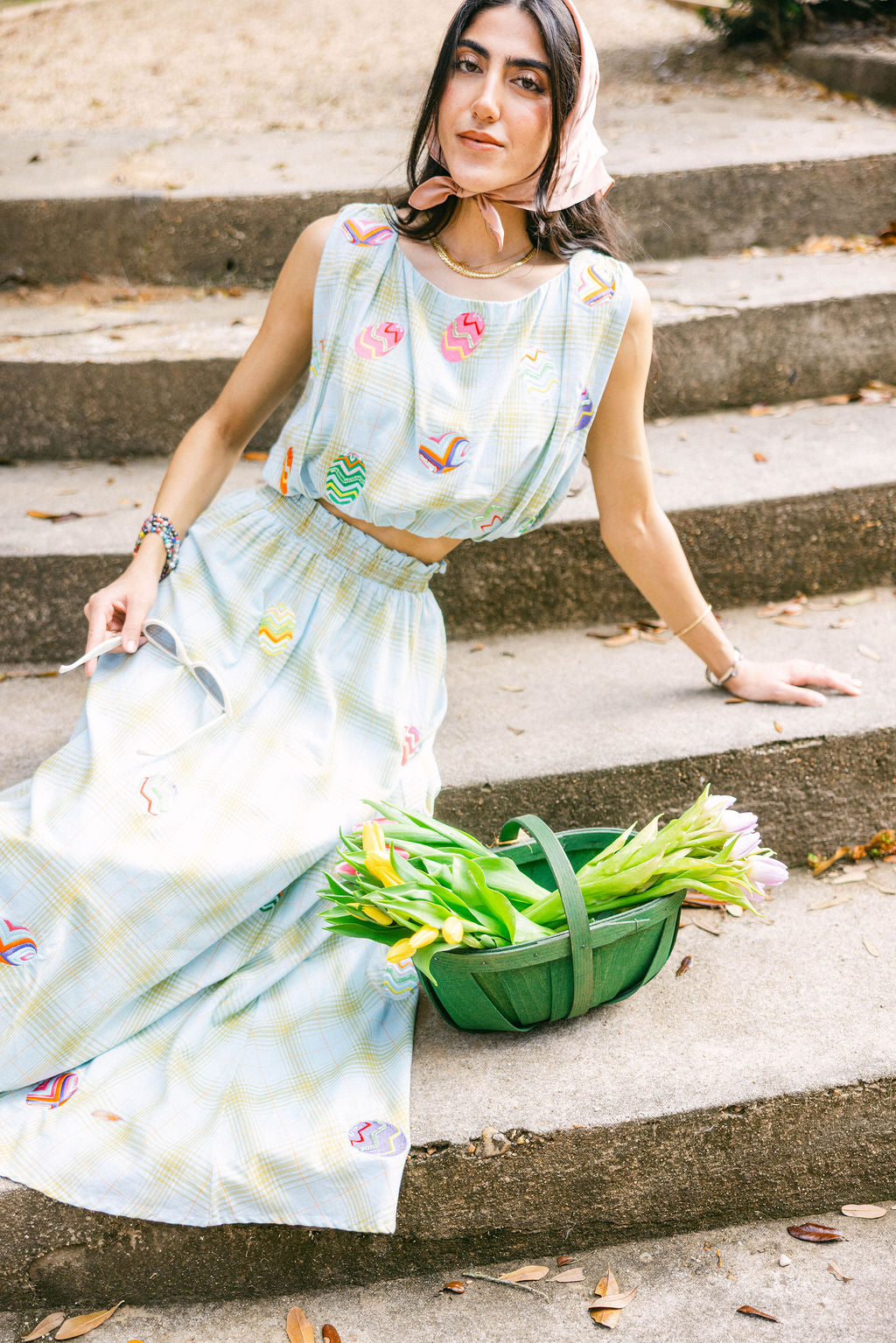 Green & Blue Plaid Multi Easter Egg Cotton Midi Skirt XS / SP26241 Green & Blue Plaid Multi Easter Egg Cotton Midi Skirt XS / SP26241