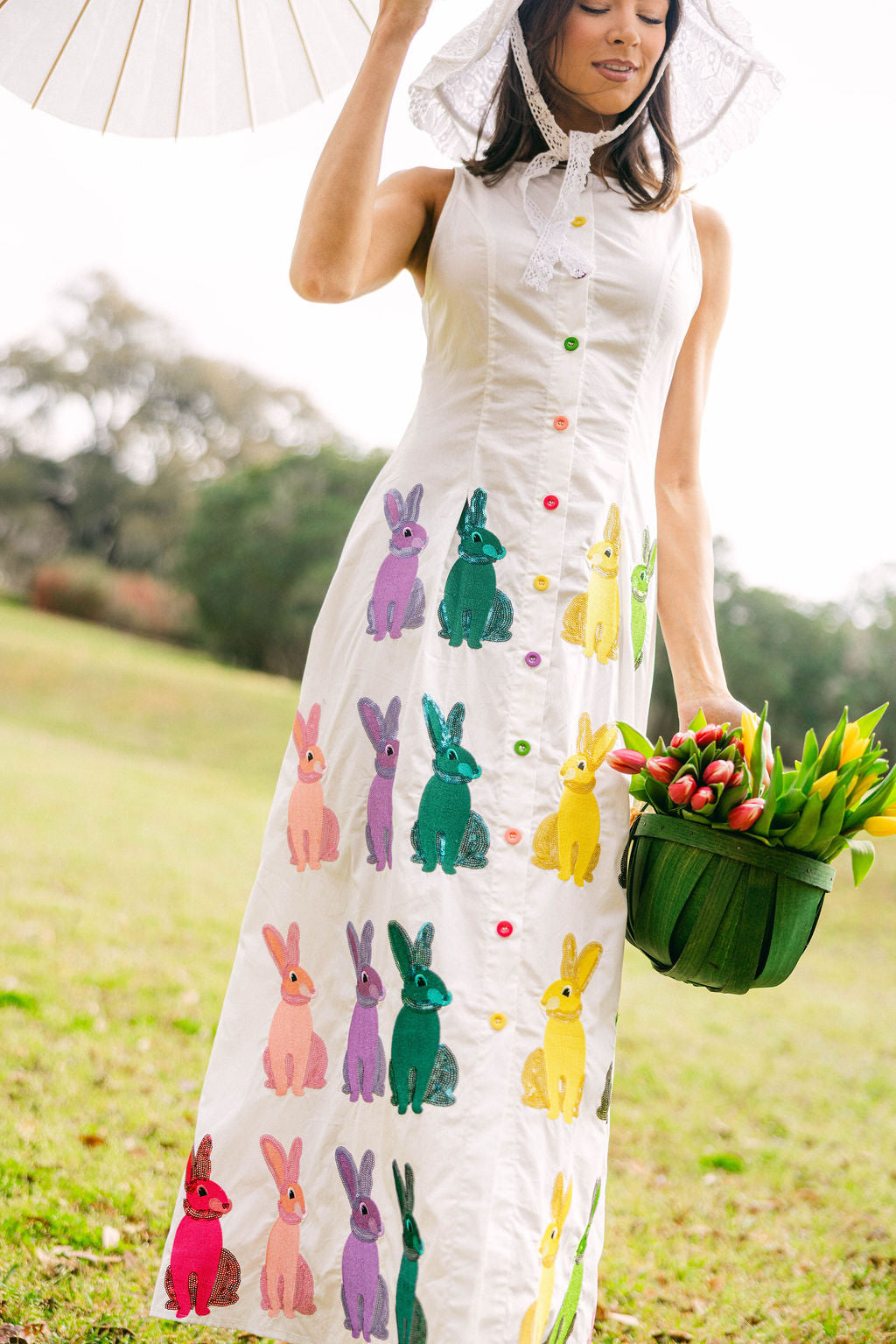 White Multi Easter Bunny Button Up Cotton Midi Dress Queen of Sparkles White Multi Easter Bunny Button Up Cotton Midi Dress Queen of Sparkles
