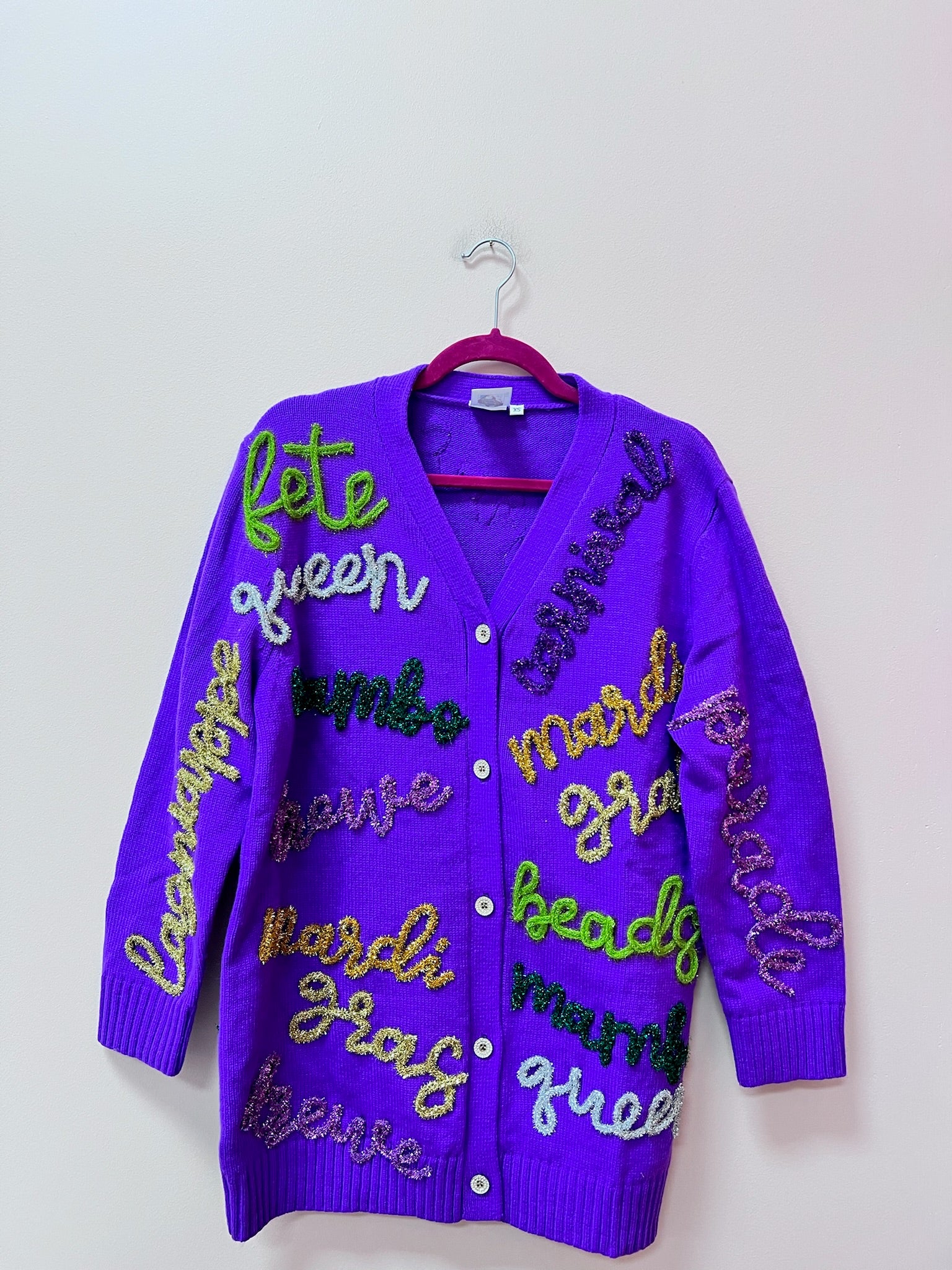 SAMPLE- PURPLE MARDI GRAS SCATTERED WORD CARDIGAN DRESS