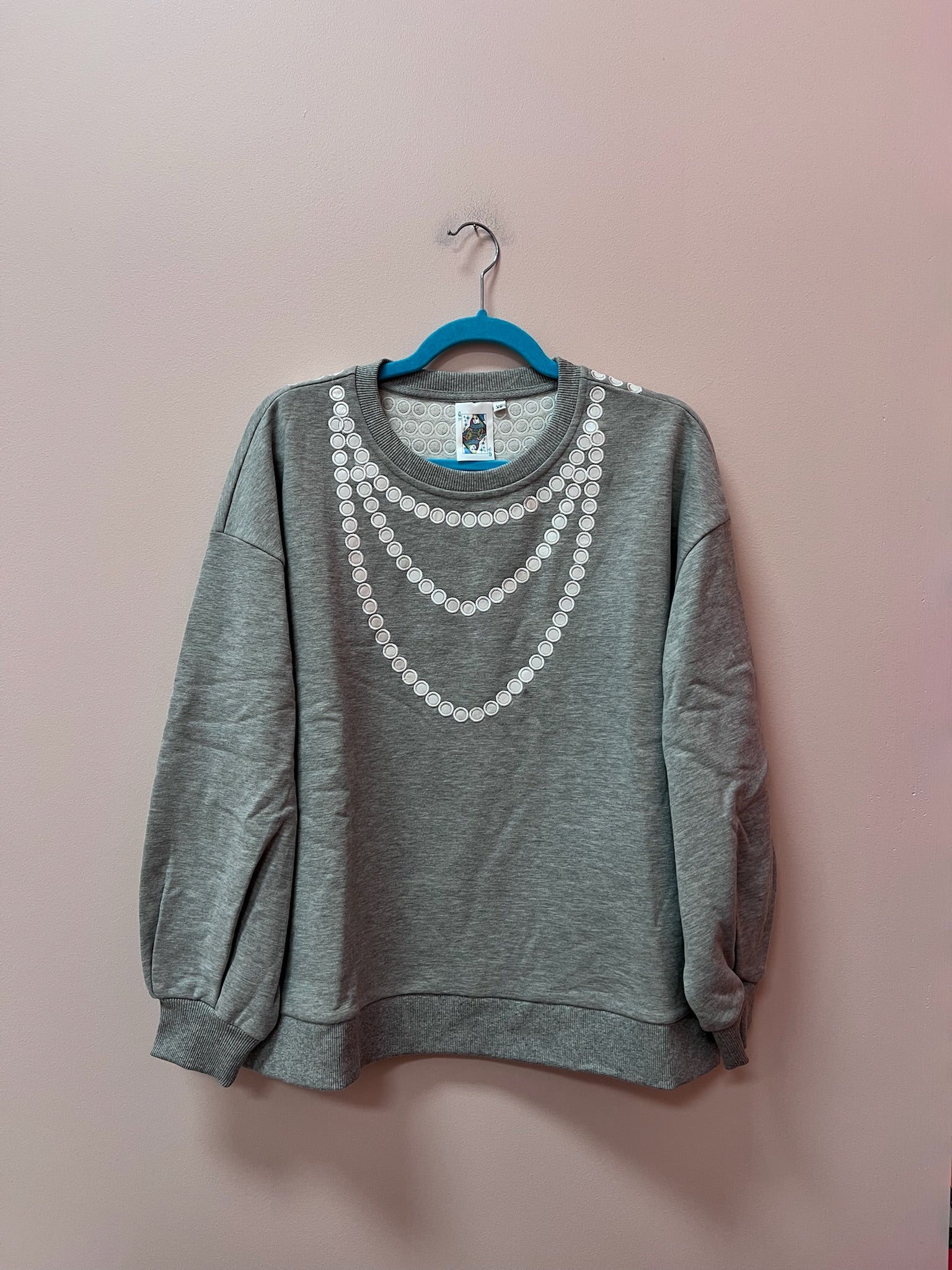 SAMPLE- Heather Grey white pearl necklace sweatshirt