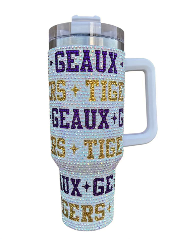 Licensed- White, Purple & Gold 'Geaux Tigers' Rhinestone Tumbler