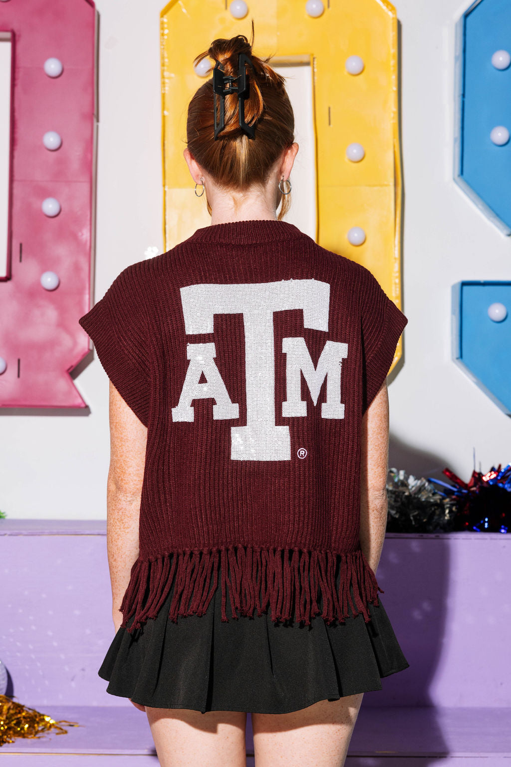 Licensed- Maroon 'Gig Em' Fringe Sweater Vest