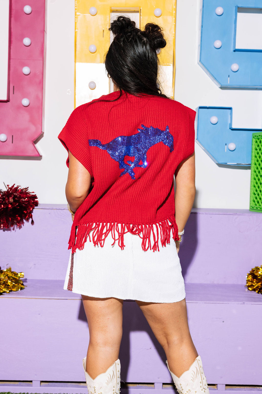 Licensed-Red & Royal 'Pony Up' Fringe Sweater Vest