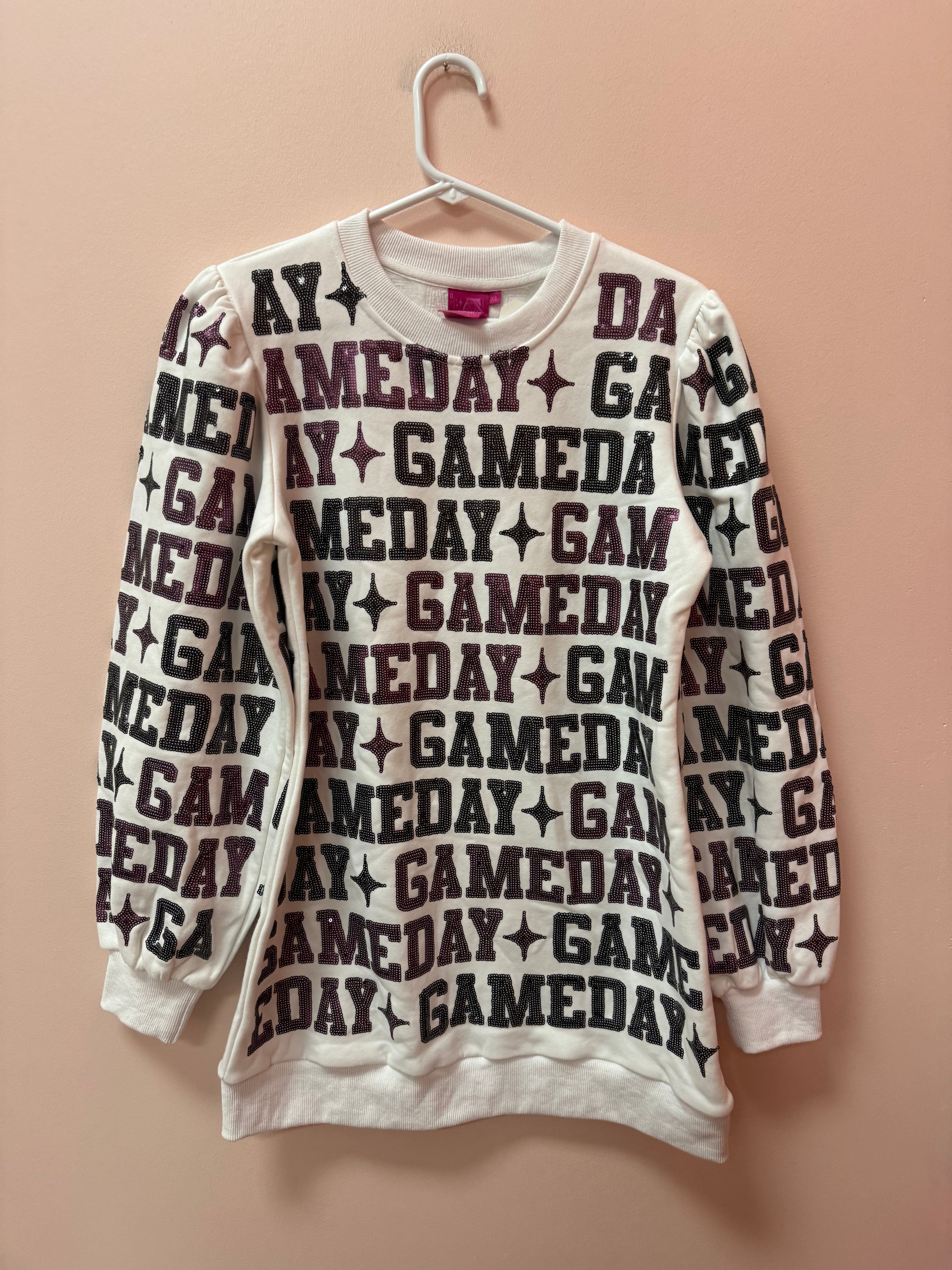 SAMPLE- WHITE, GARNET & BLACK 'GAMEDAY' ALL OVER SWEATSHIRT DRESS