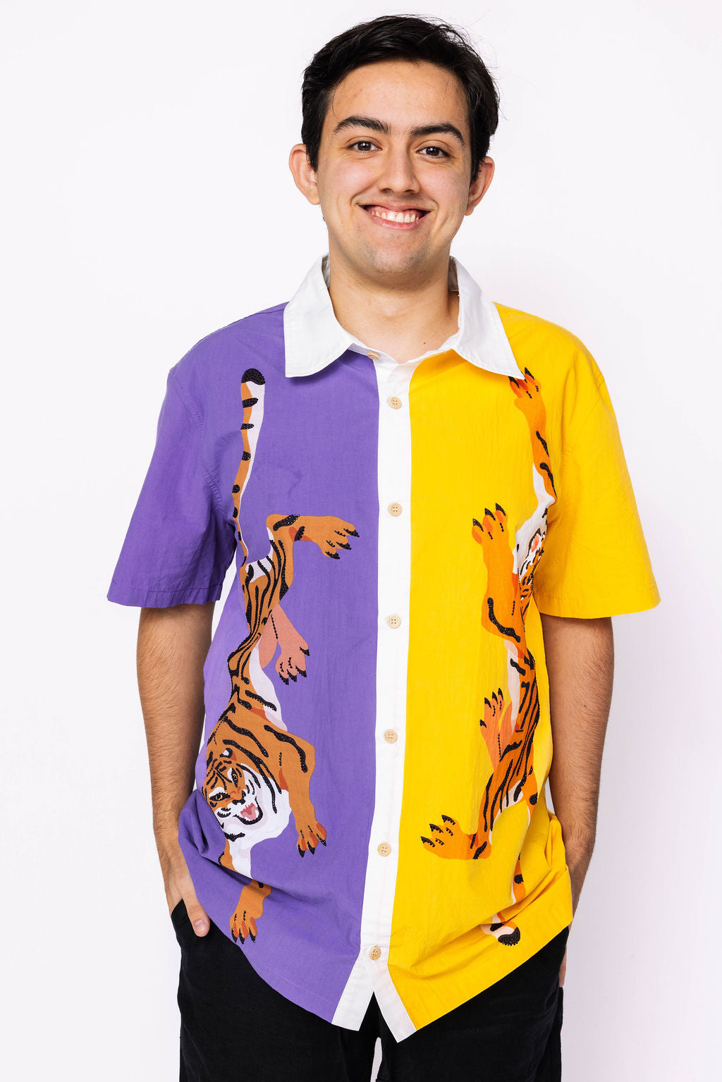 Licensed Men's Purple & Gold Crawling Tiger Button Up Shirt Queen of Sparkles Licensed Men's Purple & Gold Crawling Tiger Button Up Shirt Queen of Sparkles