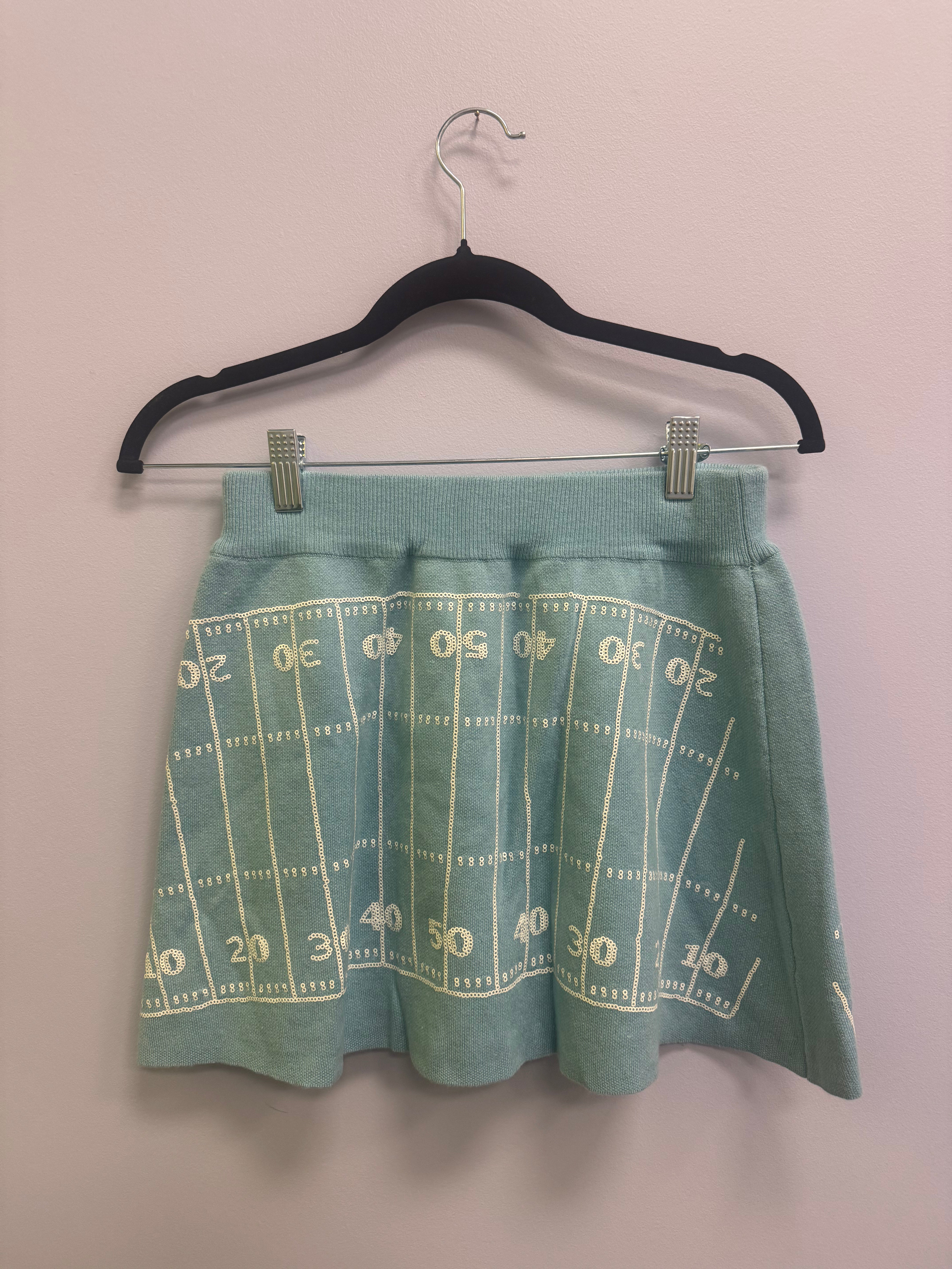 SAMPLE- LIGHT BLUE & WHITE FOOTBALL FIELD SWEATER SKIRT