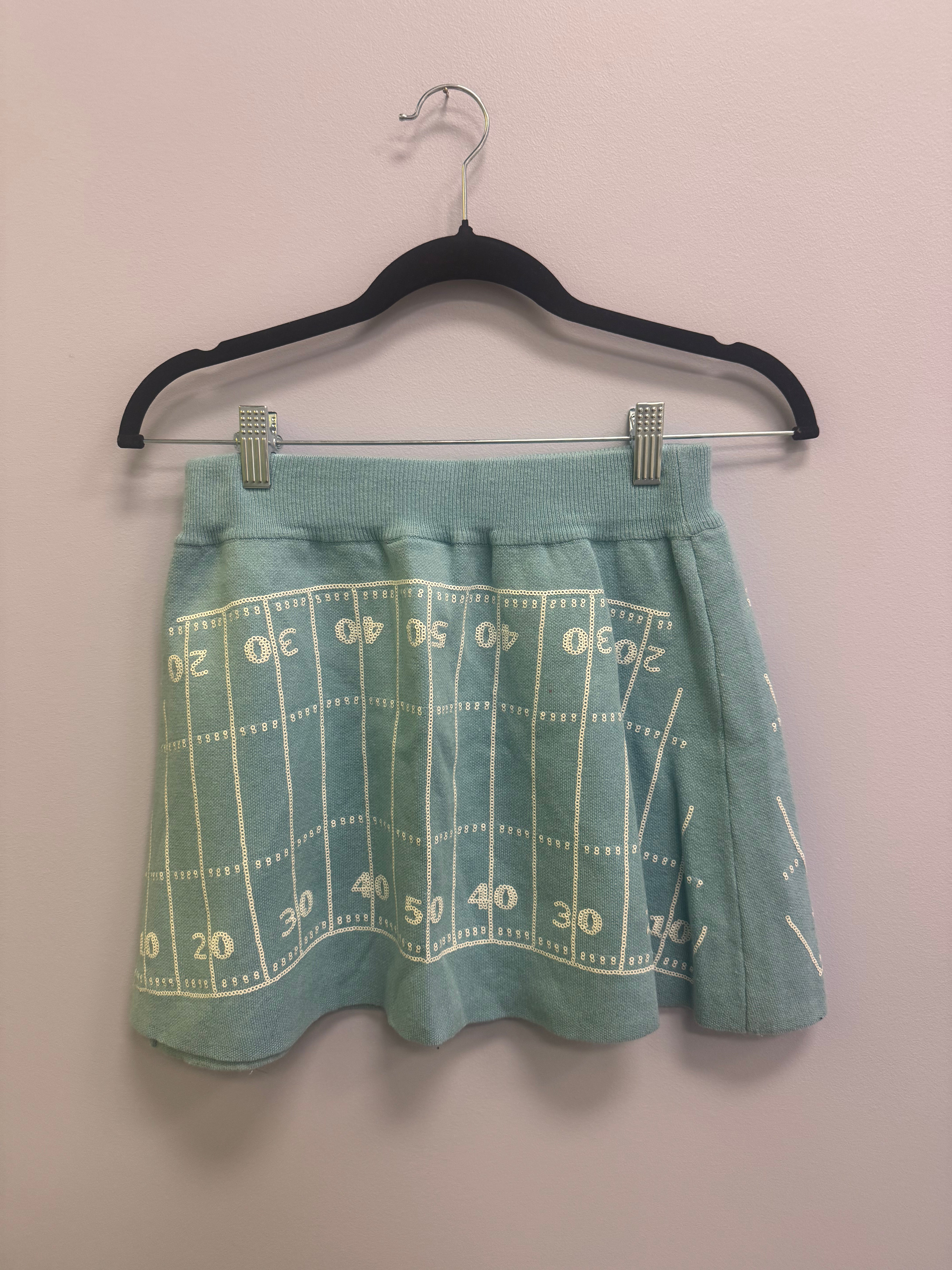 SAMPLE- LIGHT BLUE & WHITE FOOTBALL FIELD SWEATER SKIRT