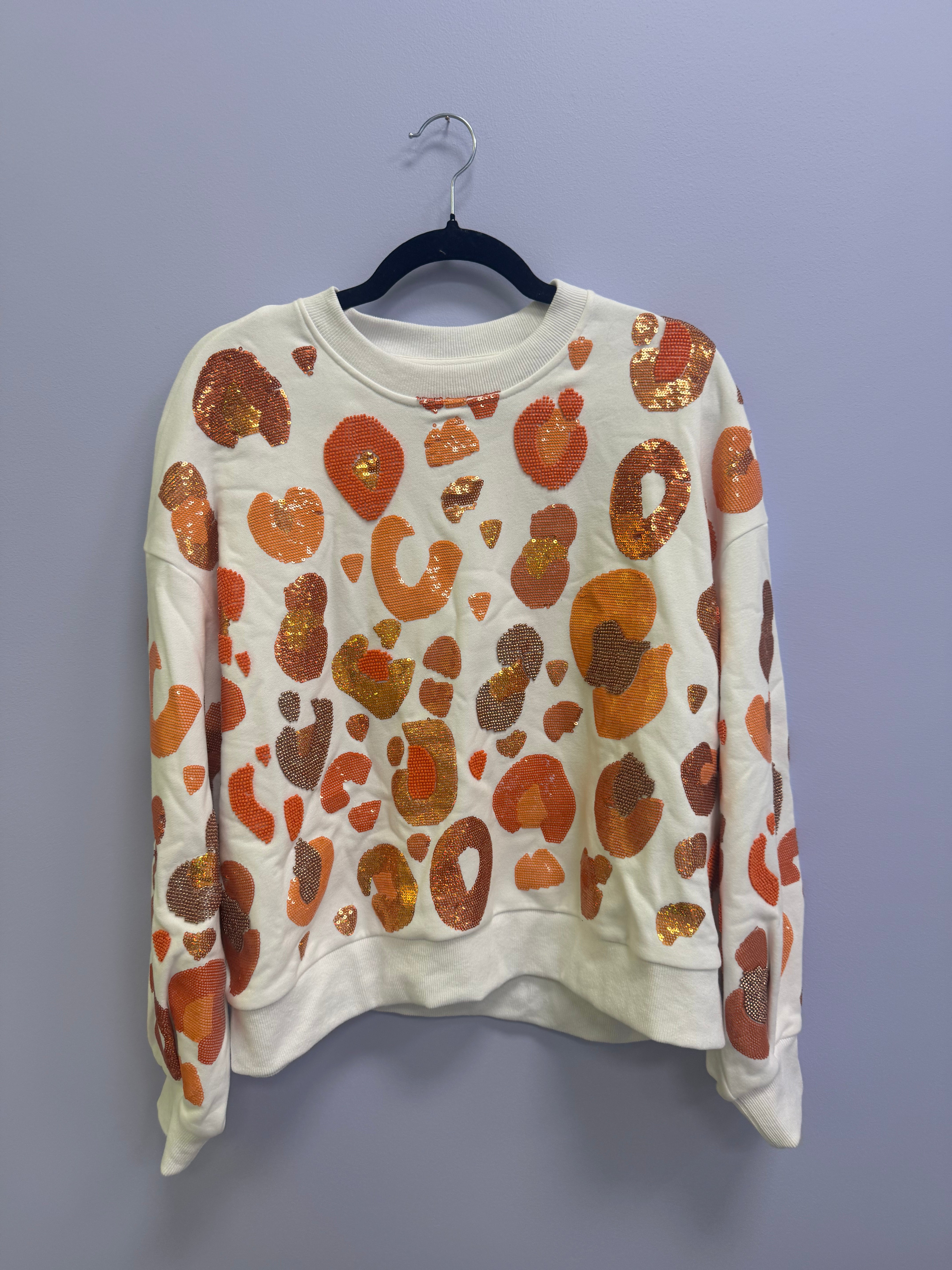 SAMPLE- WHITE & ORANGE LEOPARD SEQUIN & SEAD BEAD SWEATSHIRT