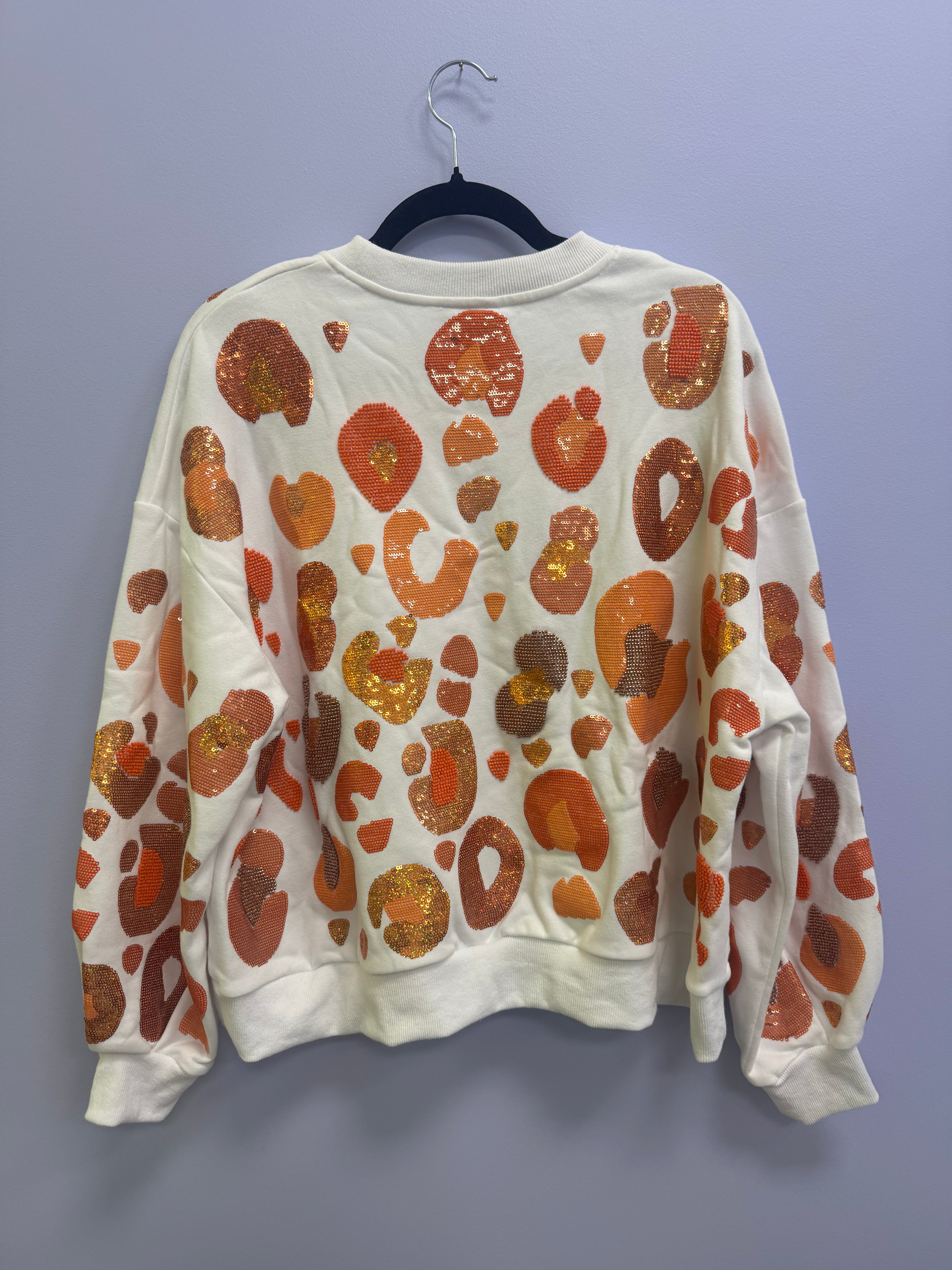 SAMPLE- WHITE & ORANGE LEOPARD SEQUIN & SEAD BEAD SWEATSHIRT