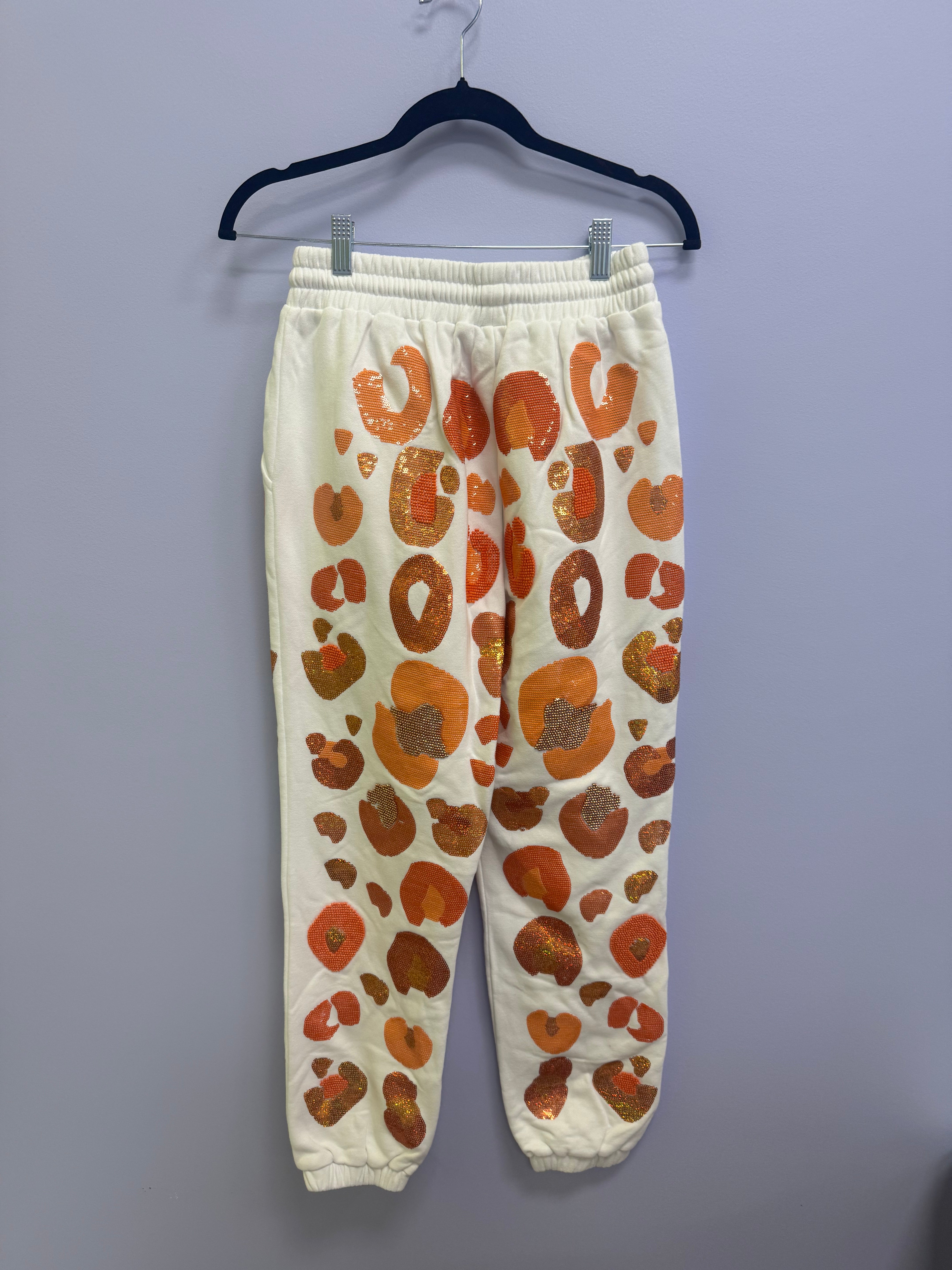 SAMPLE- WHITE & ORANGE LEOPARD SEQUIN & SEAD BEAD JOGGER