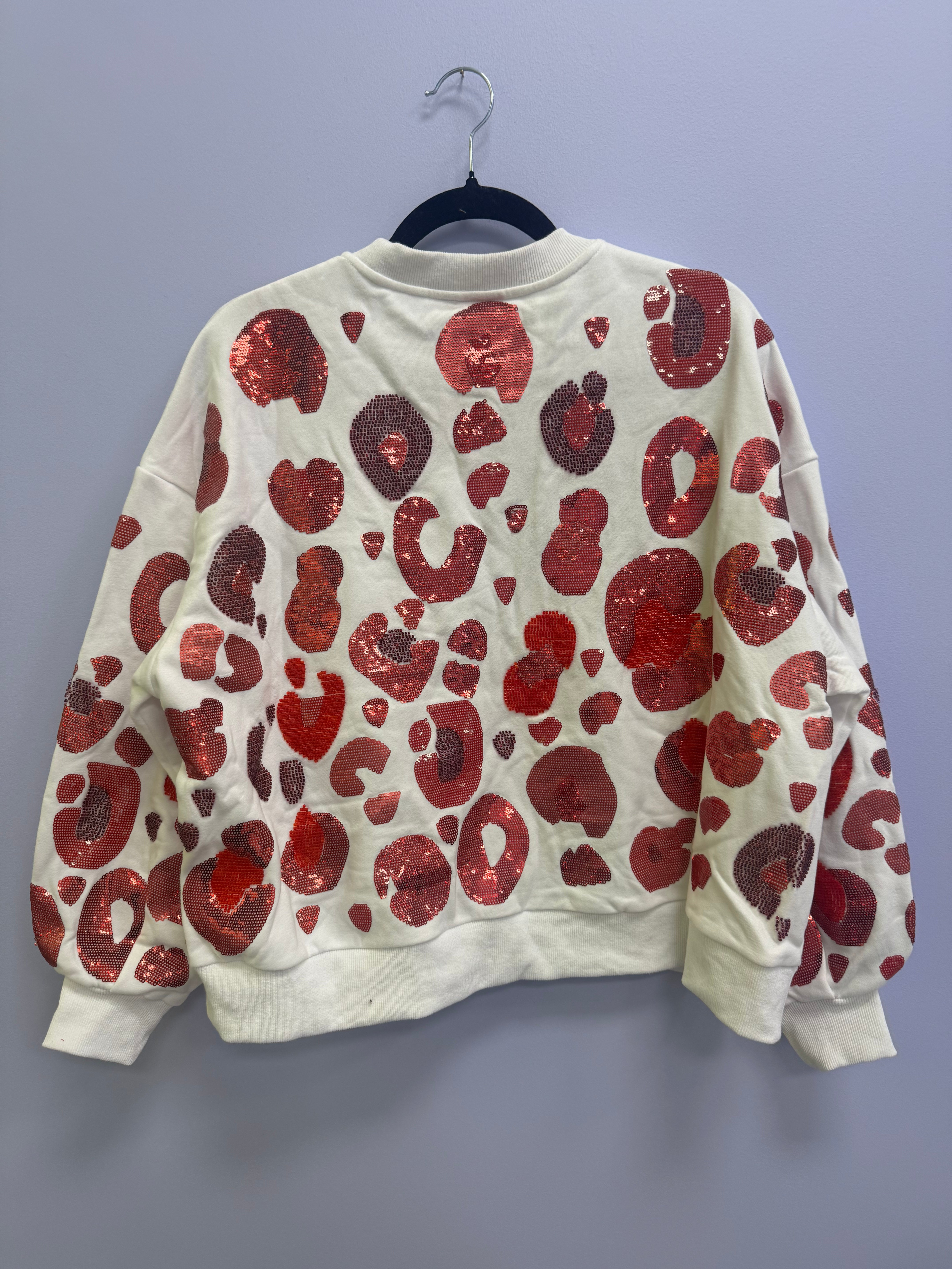 SAMPLE- WHITE & RED LEOPARD SEQUIN & SEAD BEAD SWEATSHIRT