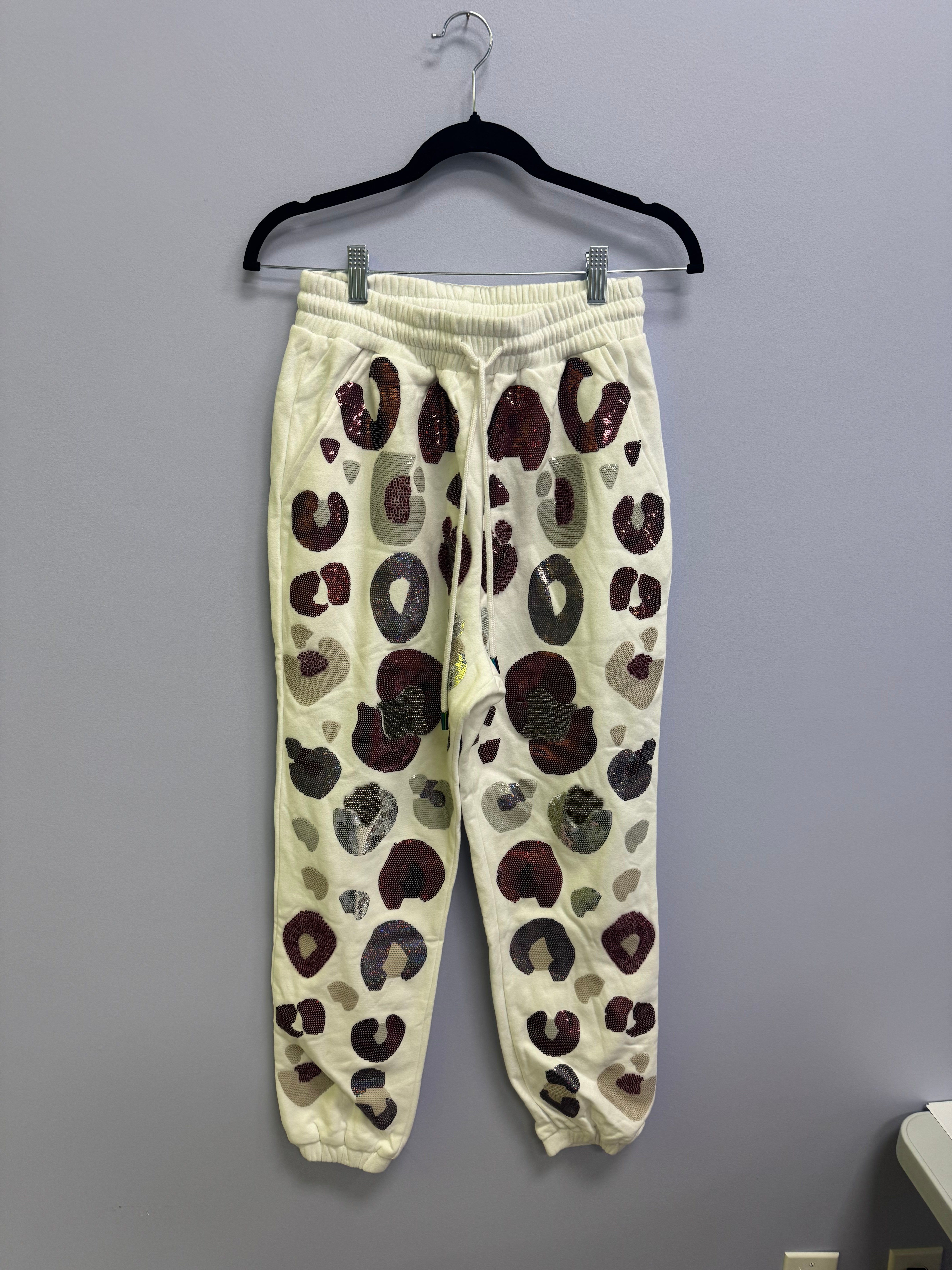 SAMPLE- WHITE & MAROON & GREY LEOPARD SEQUIN & SEAD BEAD JOGGER