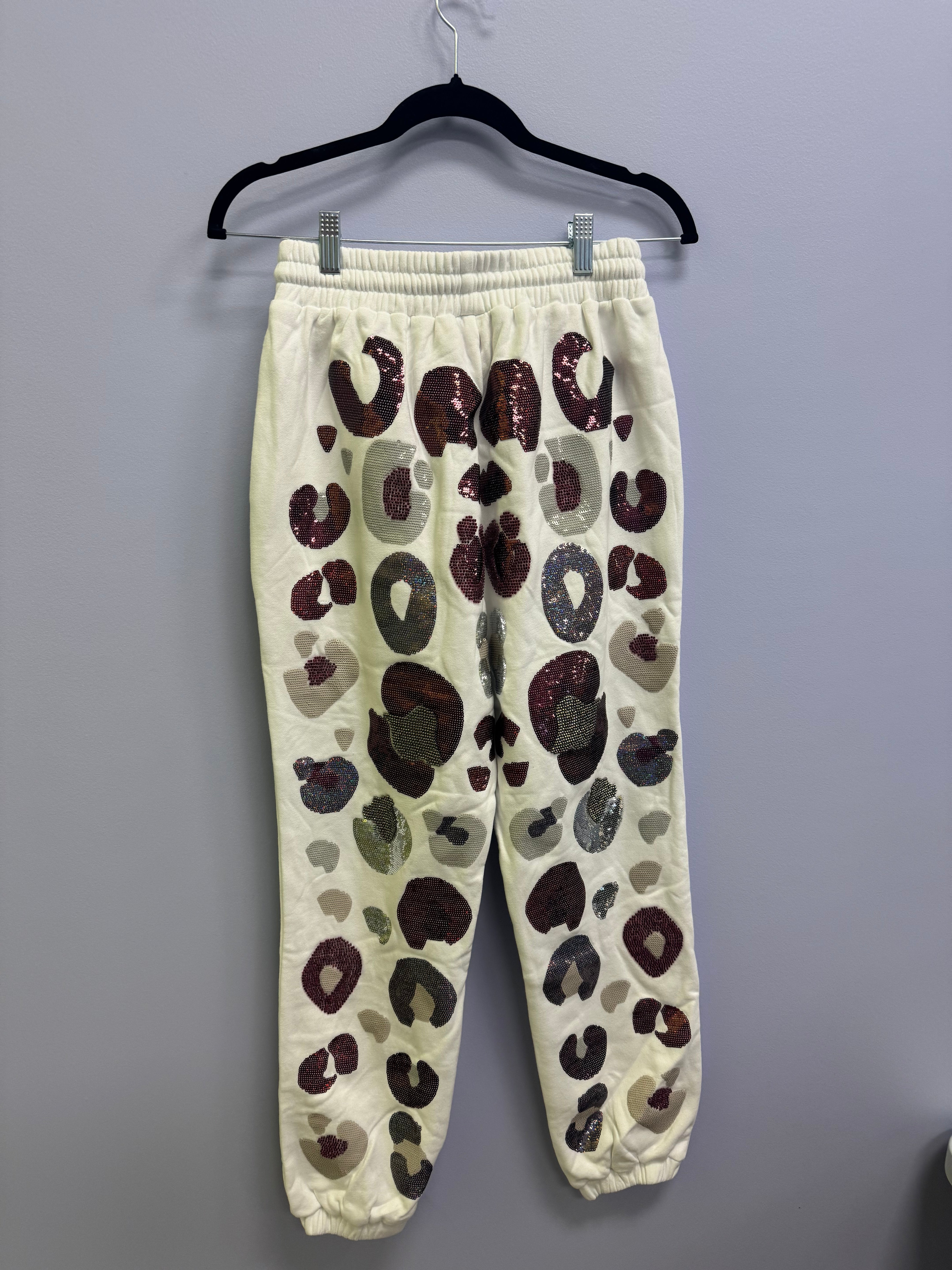 SAMPLE- WHITE & MAROON & GREY LEOPARD SEQUIN & SEAD BEAD JOGGER