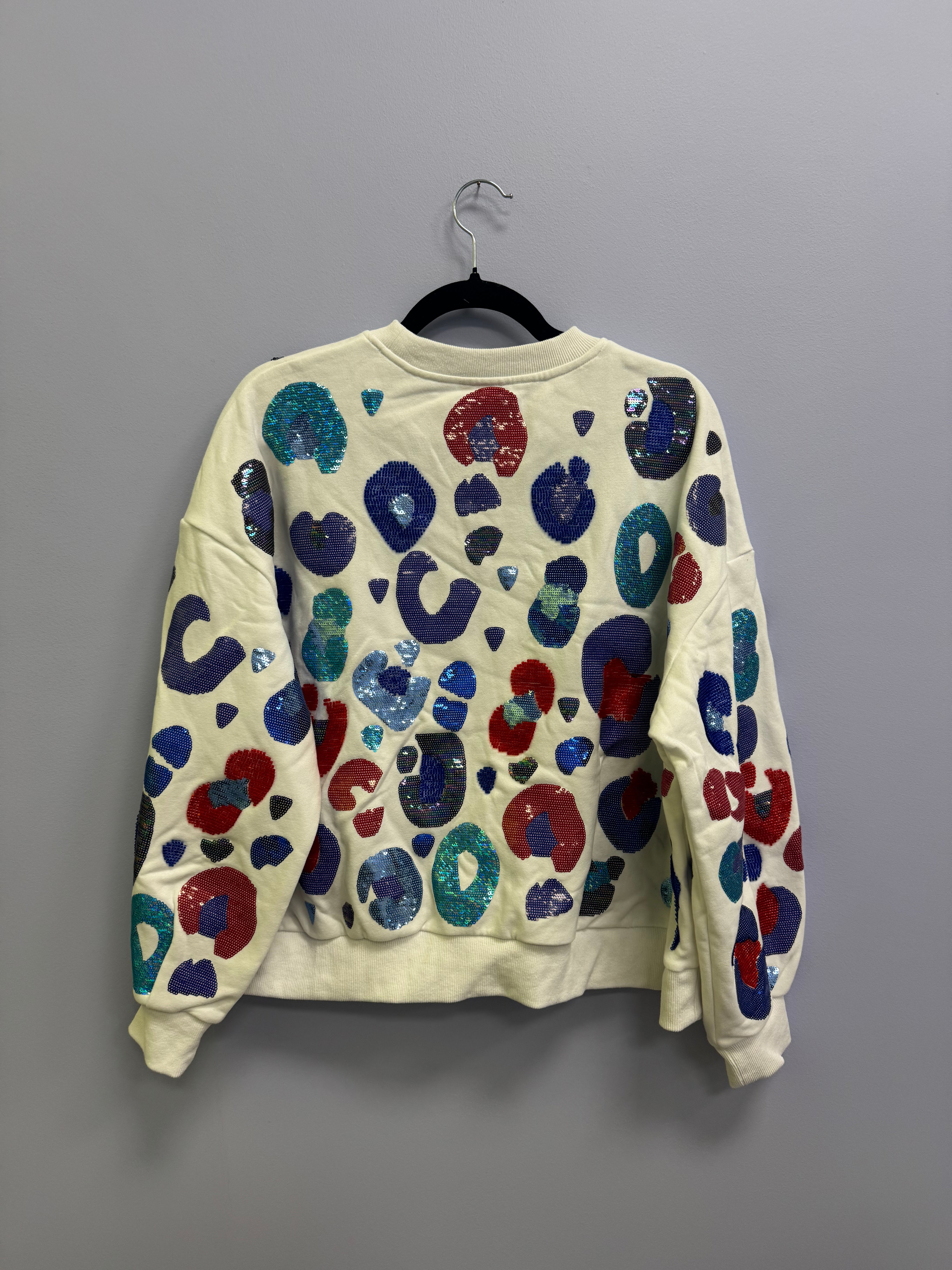 SAMPLE- WHITE & POWDER BLUE & RED LEOPARD SEQUIN & SEAD BEAD SWEATSHIRT