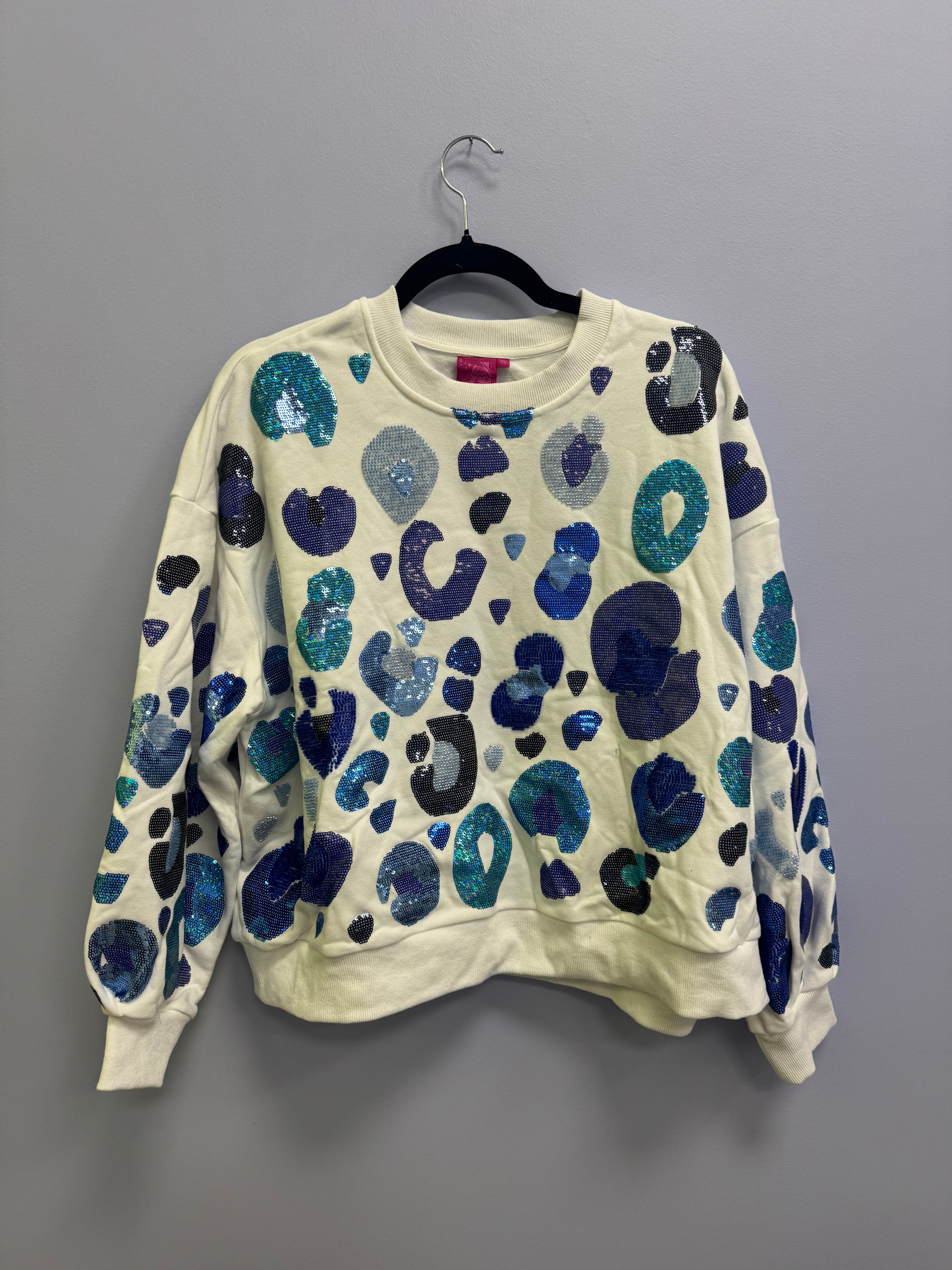 SAMPLE- WHITE & ROYAL LEOPARD SEQUIN & SEAD BEAD SWEATSHIRT