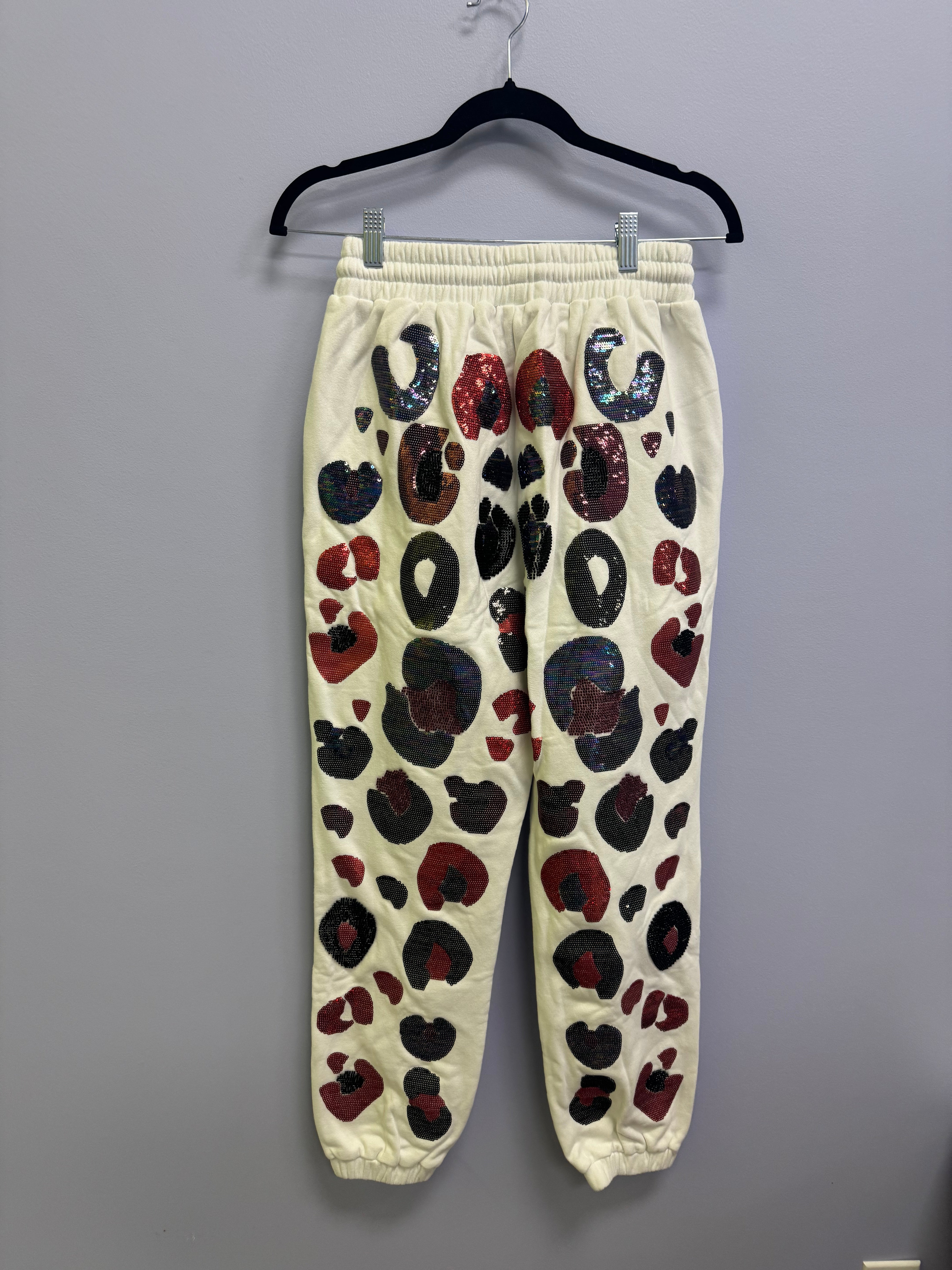 SAMPLE- WHITE & GARNET & BLACK LEOPARD SEQUIN & SEAD BEAD JOGGER