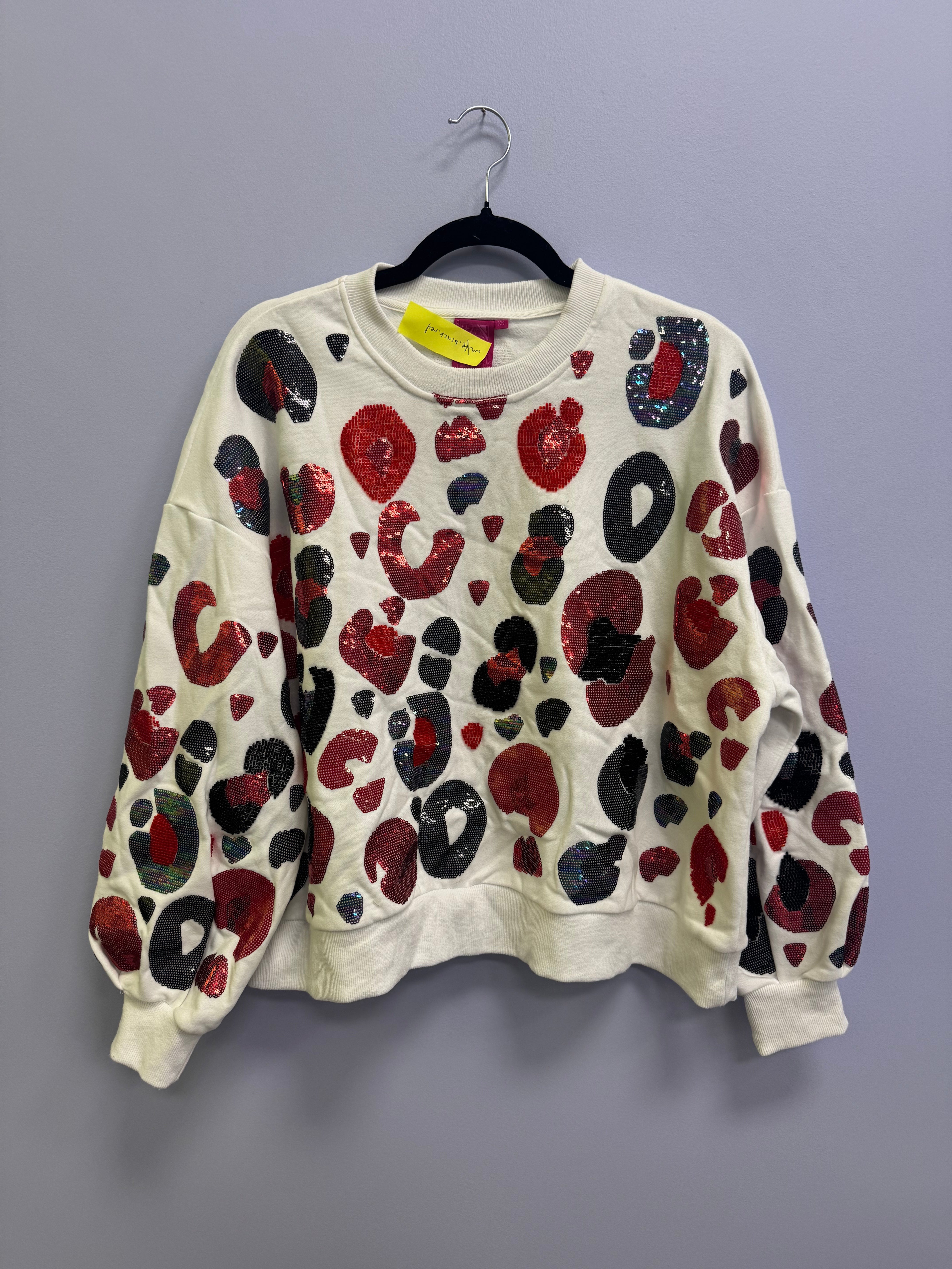 SAMPLE- WHITE & BLACK & RED LEOPARD SEQUIN & SEAD BEAD SWEATSHIRT