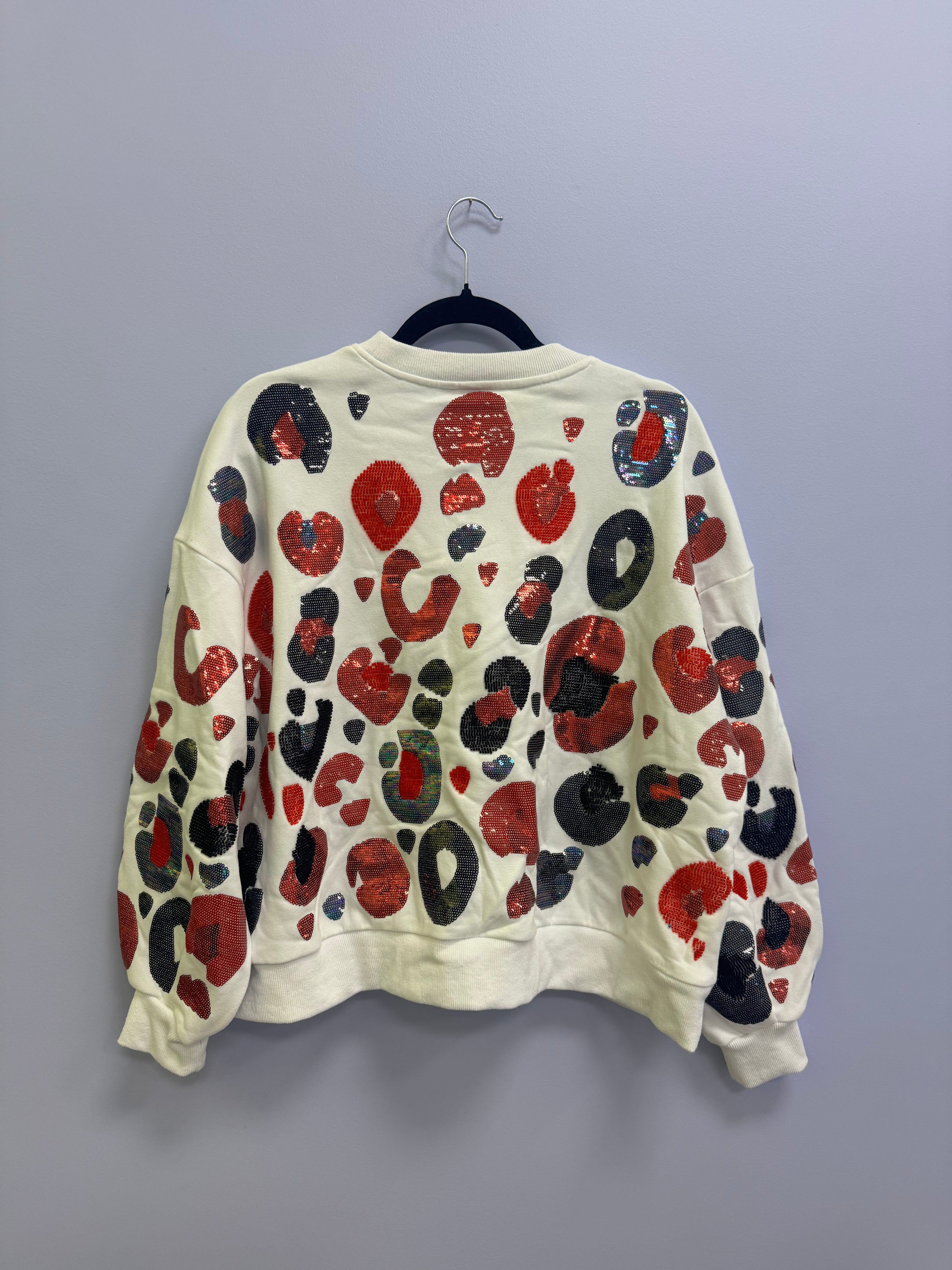 SAMPLE- WHITE & BLACK & RED LEOPARD SEQUIN & SEAD BEAD SWEATSHIRT