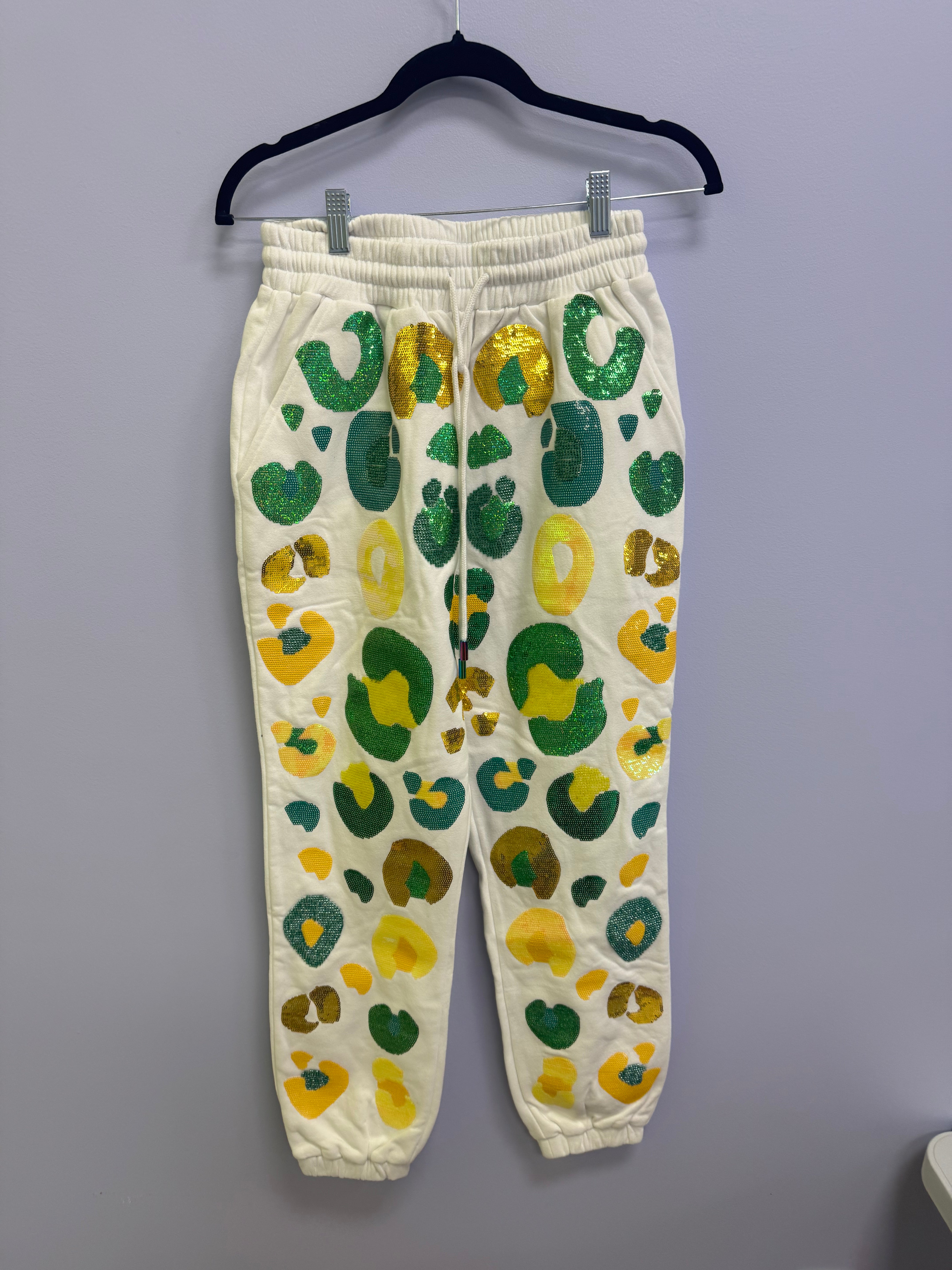 SAMPLE- WHITE & YELLOW & GREEN LEOPARD SEQUIN & SEAD BEAD JOGGER