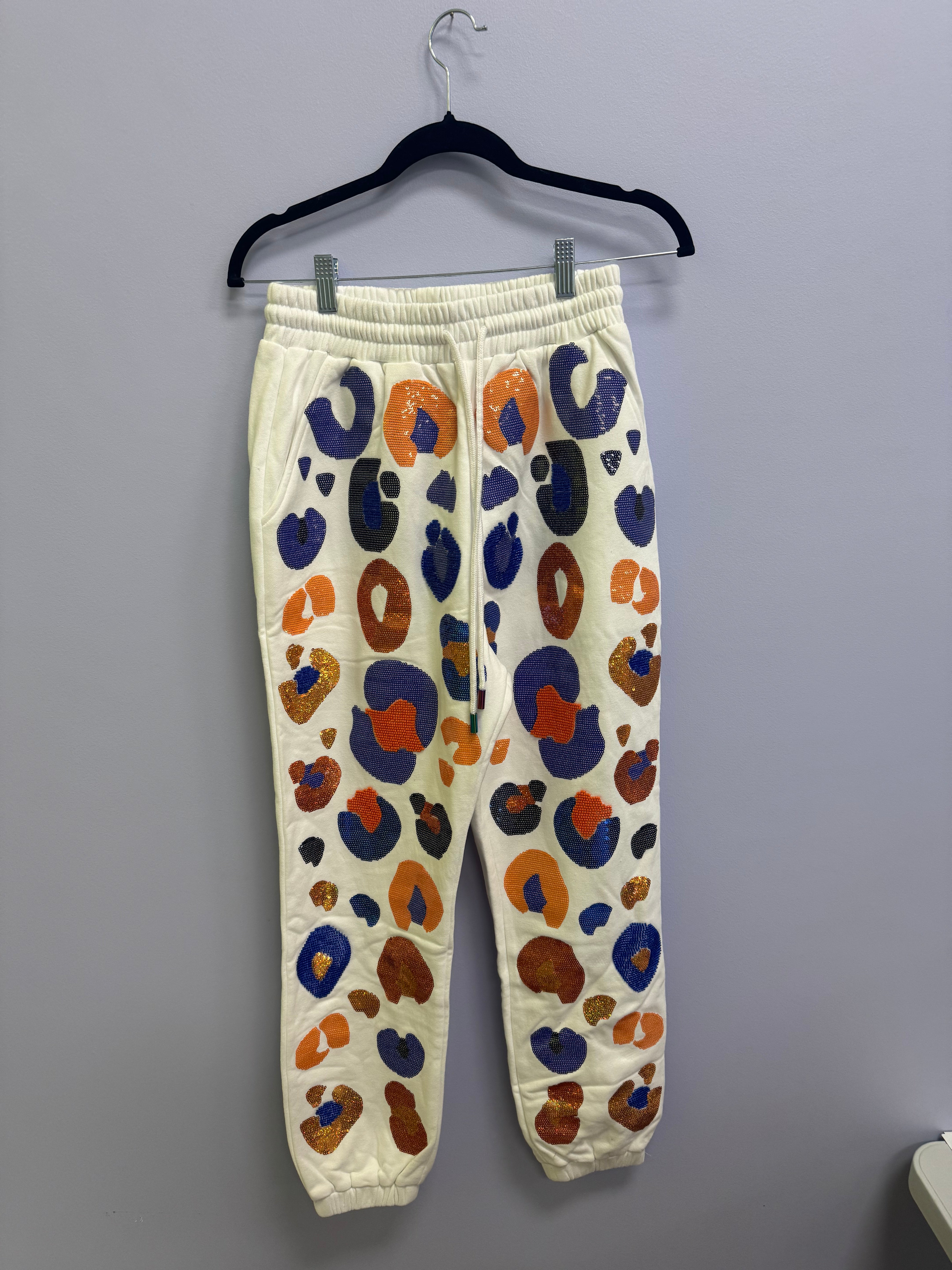 SAMPLE- WHITE & ROYAL & ORANGE LEOPARD SEQUIN & SEAD BEAD JOGGER