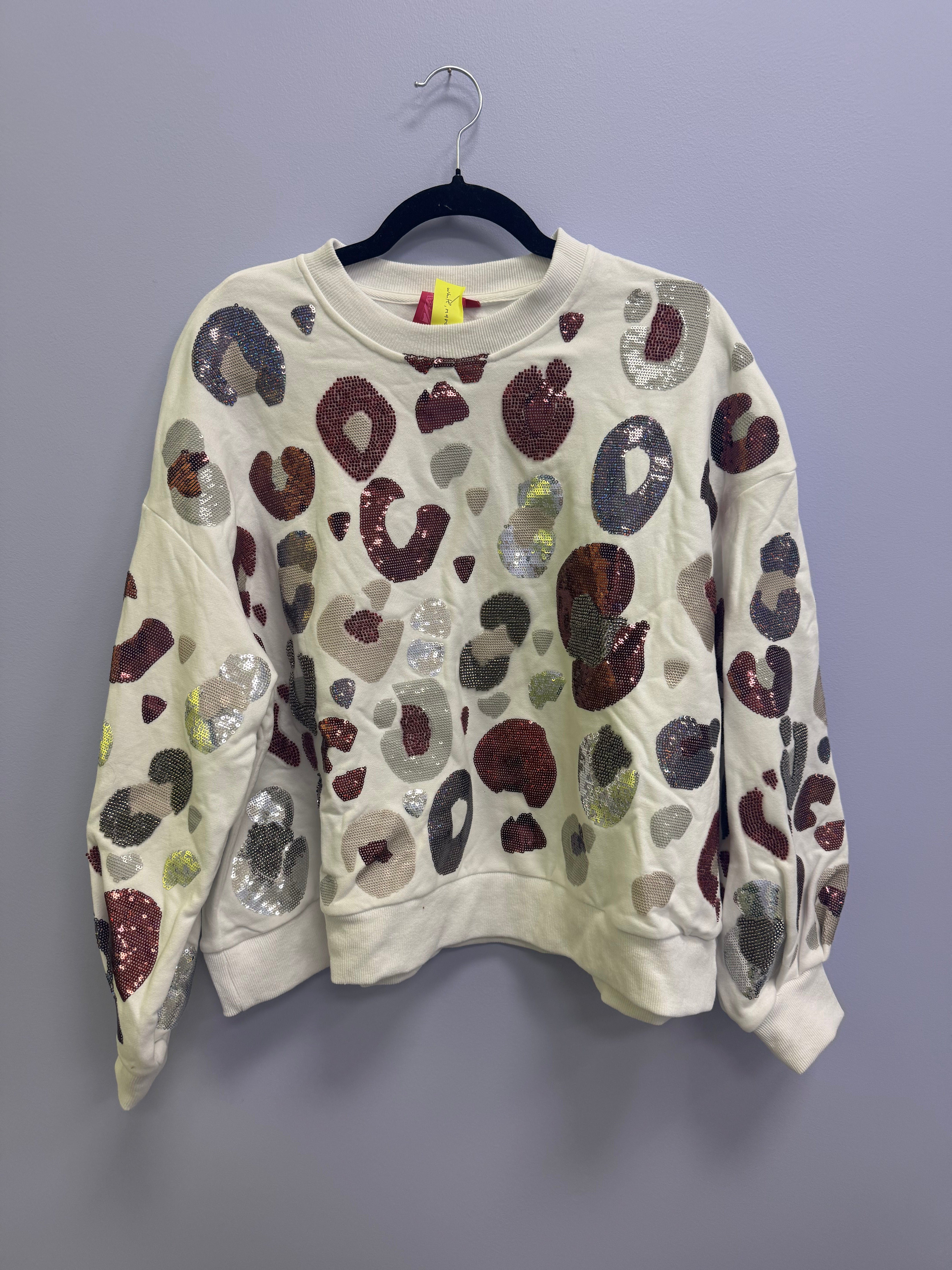 SAMPLE- WHITE & MAROON & GREY LEOPARD SEQUIN & SEAD BEAD SWEATSHIRT