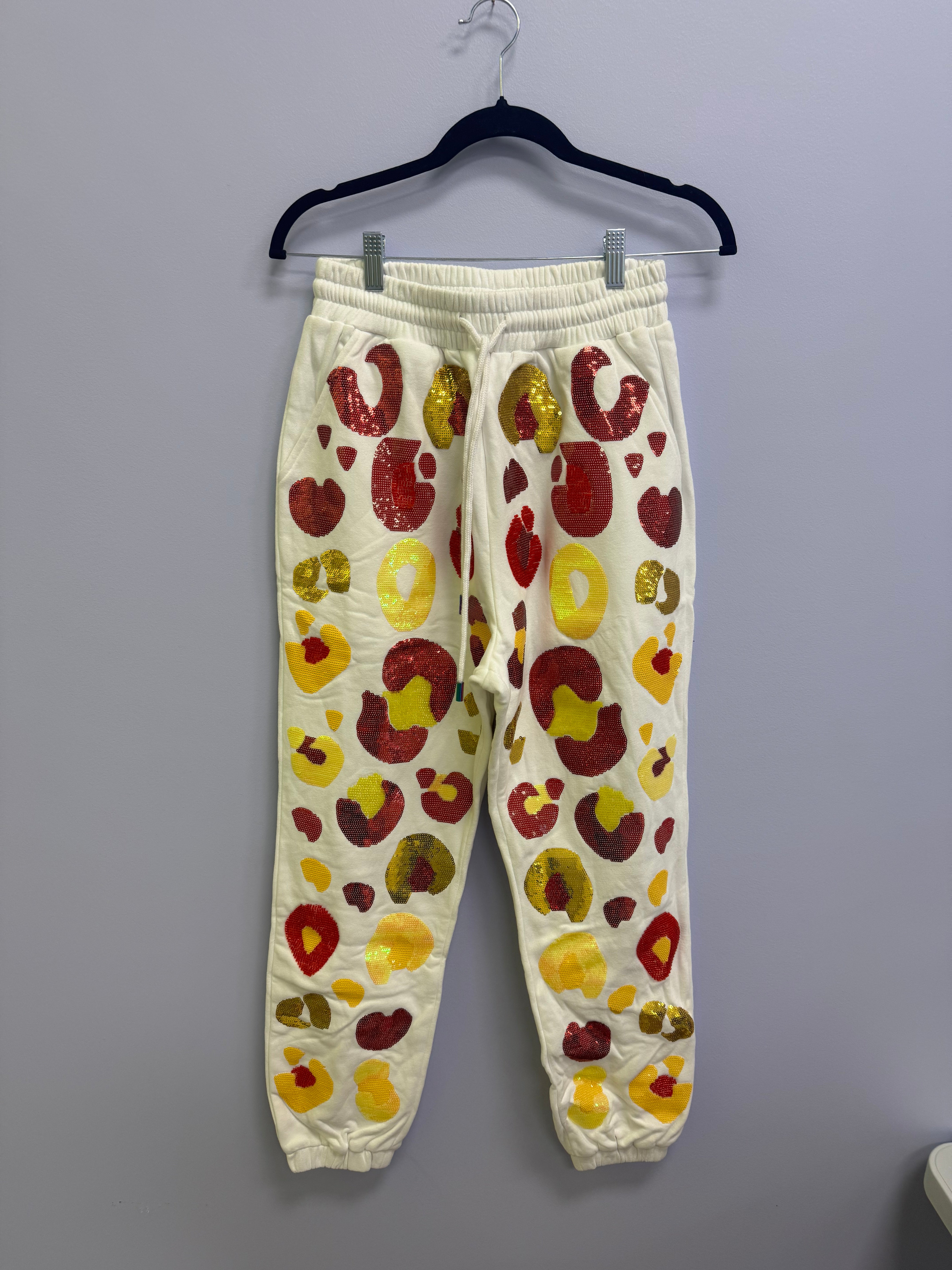 SAMPLE- WHITE & RED & YELLOW LEOPARD SEQUIN & SEAD BEAD JOGGER