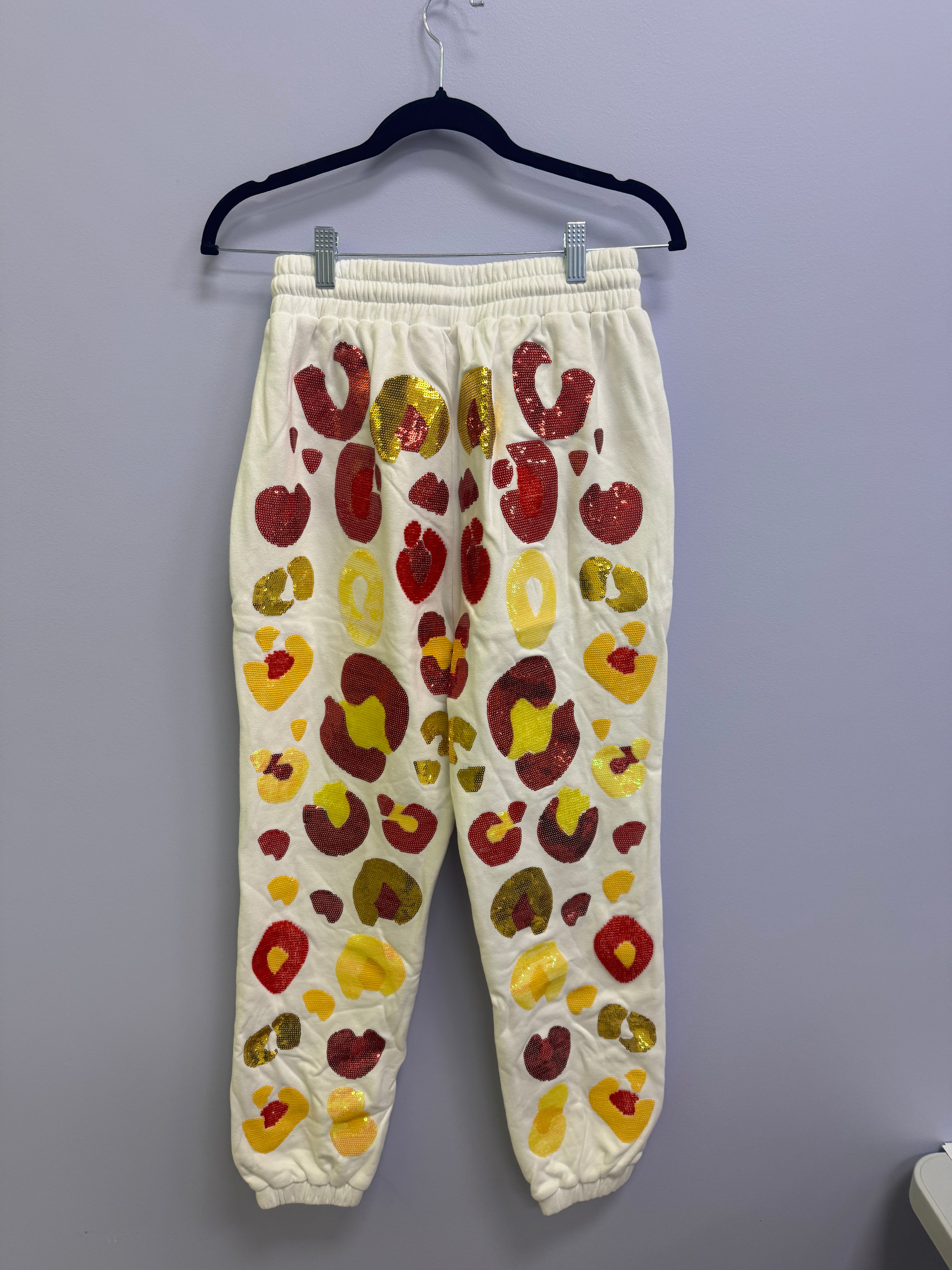 SAMPLE- WHITE & RED & YELLOW LEOPARD SEQUIN & SEAD BEAD JOGGER