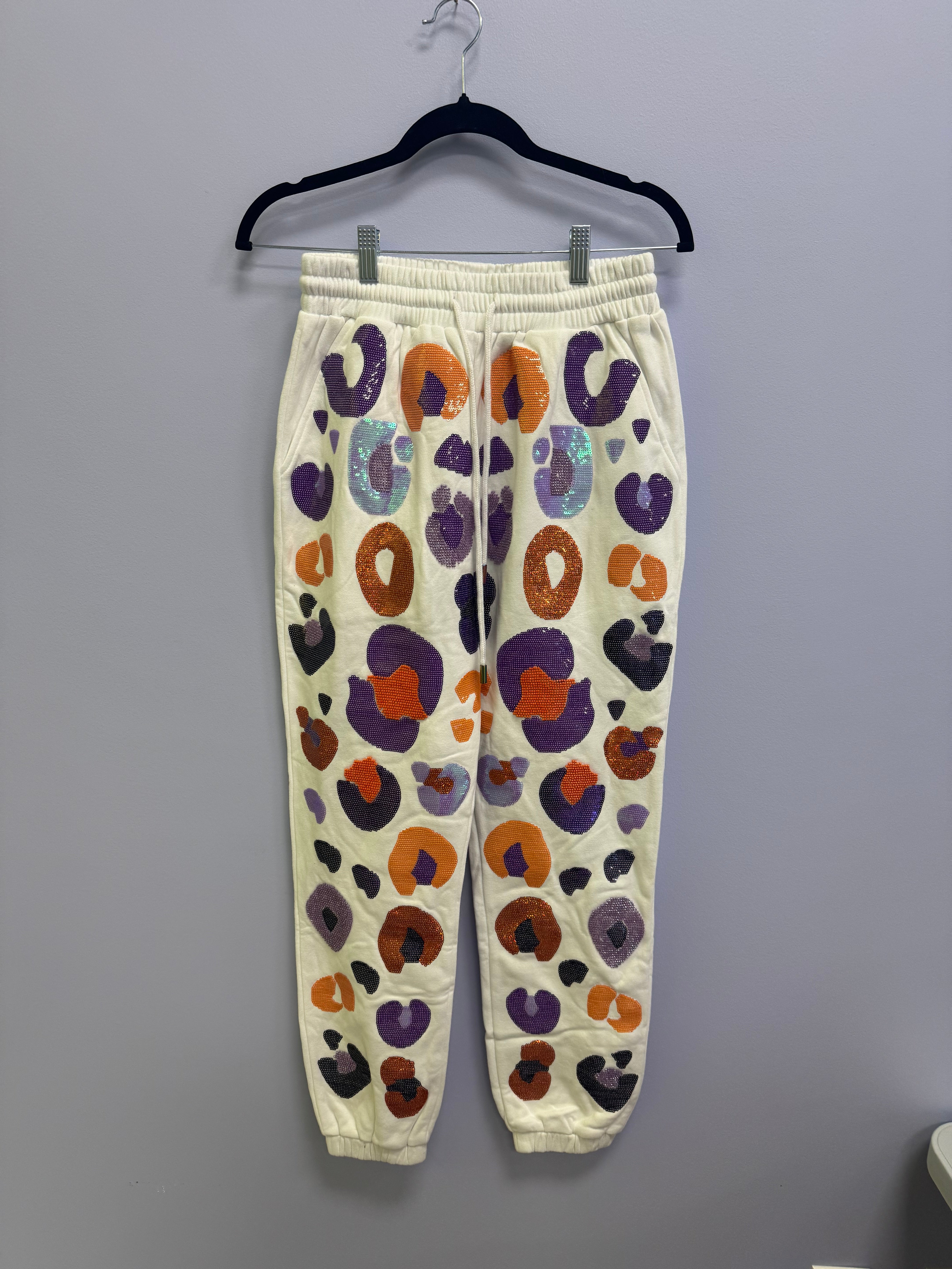 SAMPLE- WHITE & PURPLE & ORANGE LEOPARD SEQUIN & SEAD BEAD JOGGER