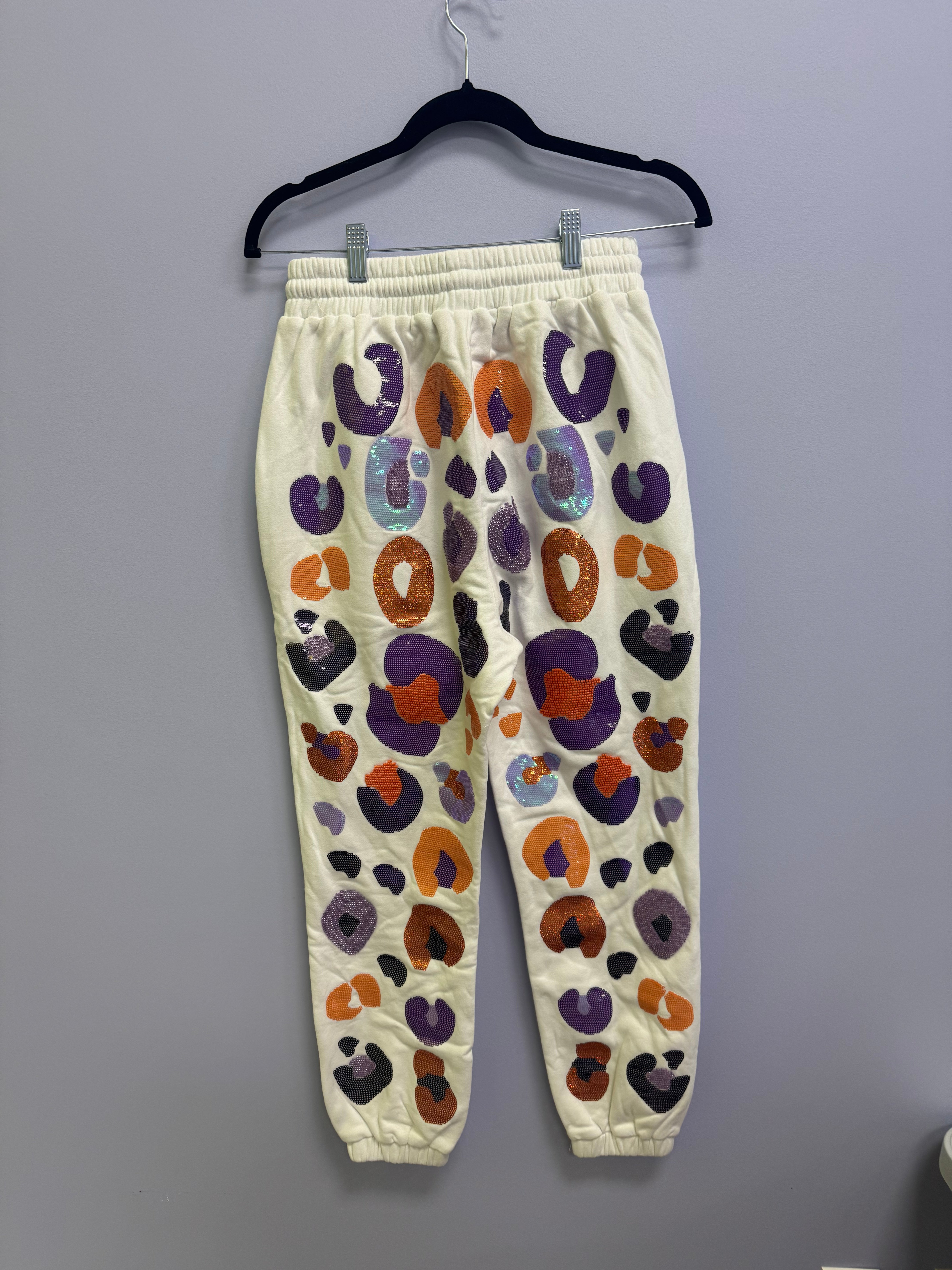 SAMPLE- WHITE & PURPLE & ORANGE LEOPARD SEQUIN & SEAD BEAD JOGGER