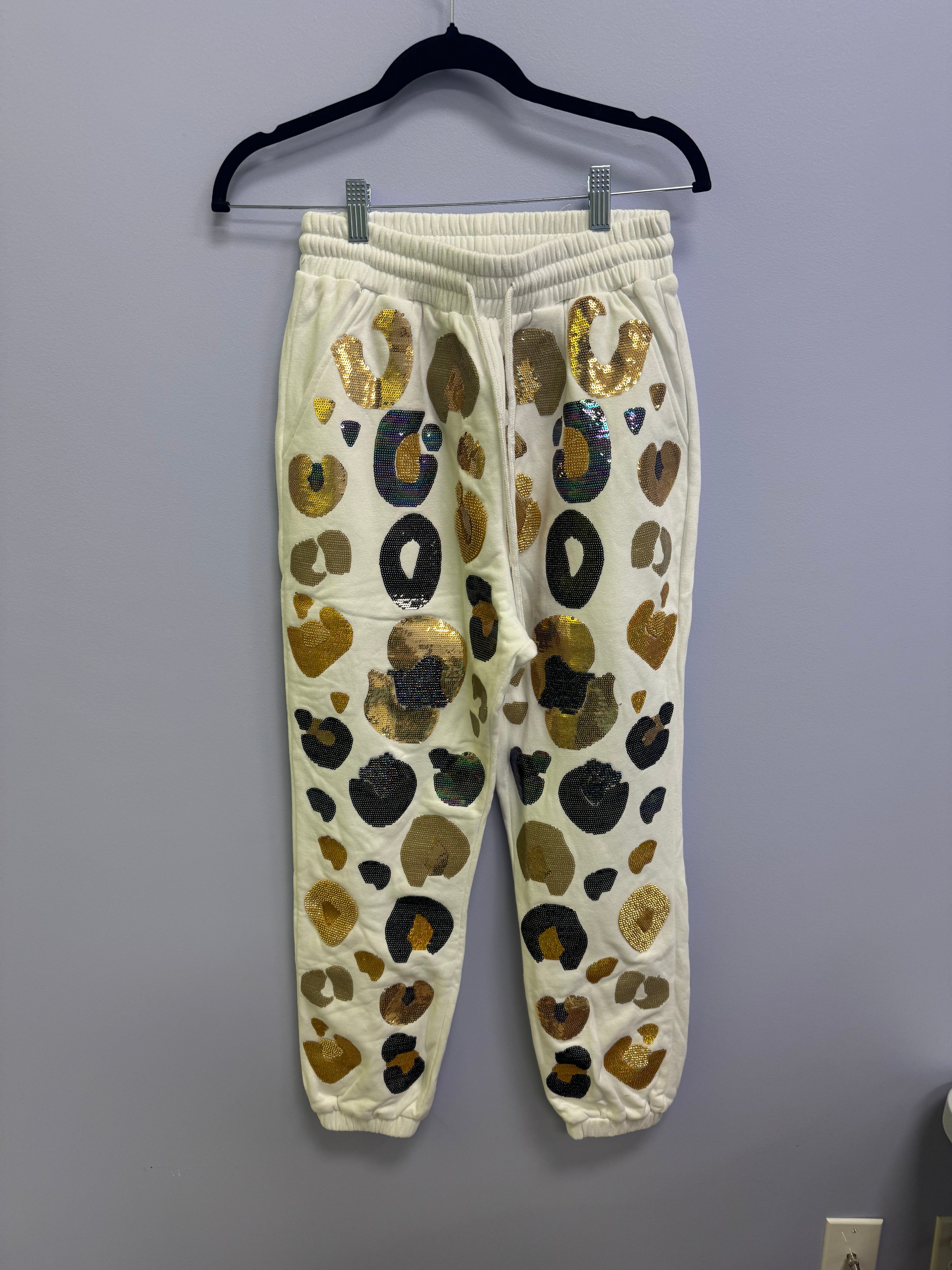 SAMPLE- WHITE & BLACK & GOLD LEOPARD SEQUIN & SEAD BEAD JOGGER