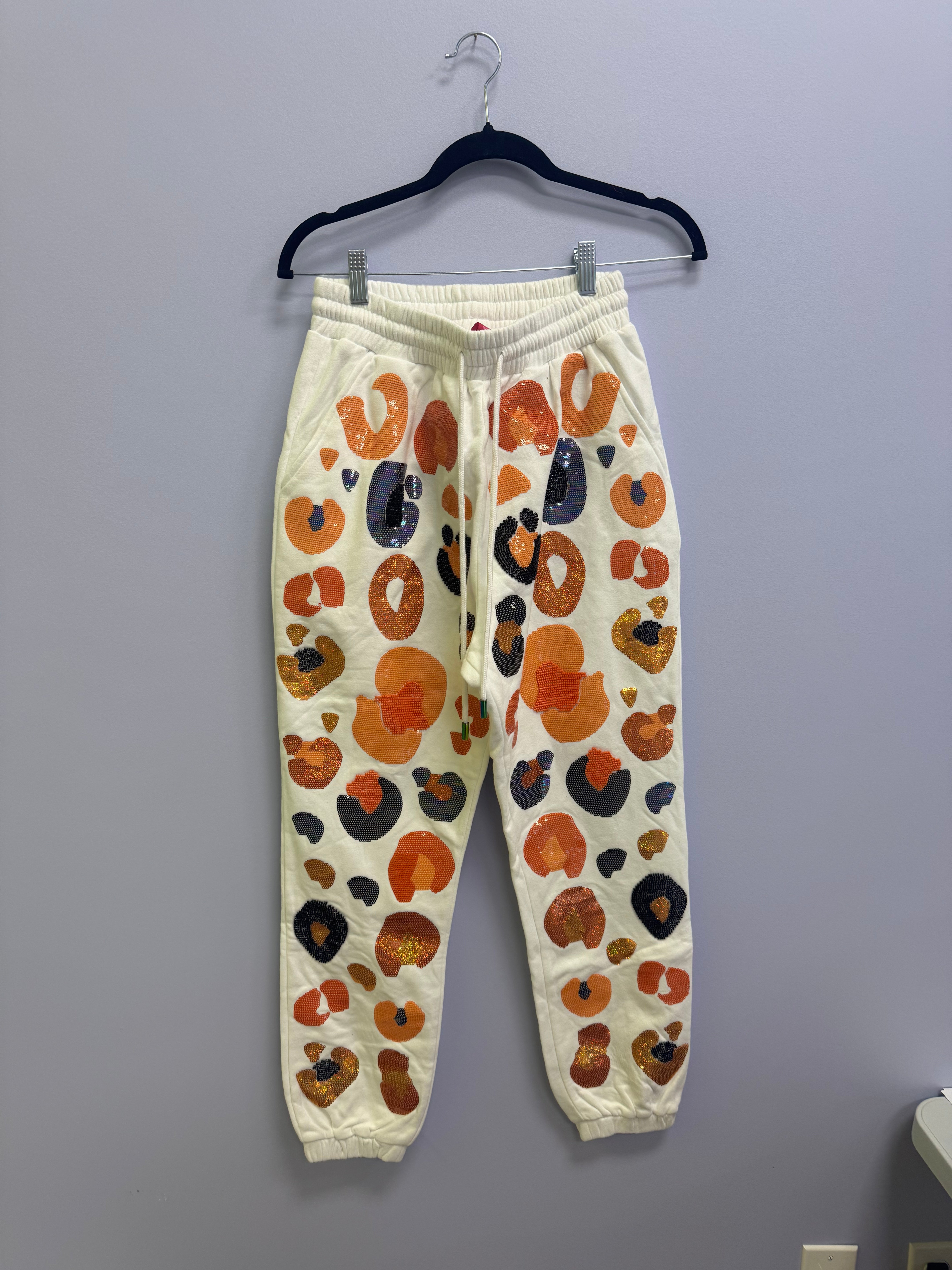 SAMPLE- WHITE & NAVY & ORANGE LEOPARD SEQUIN & SEAD BEAD JOGGER