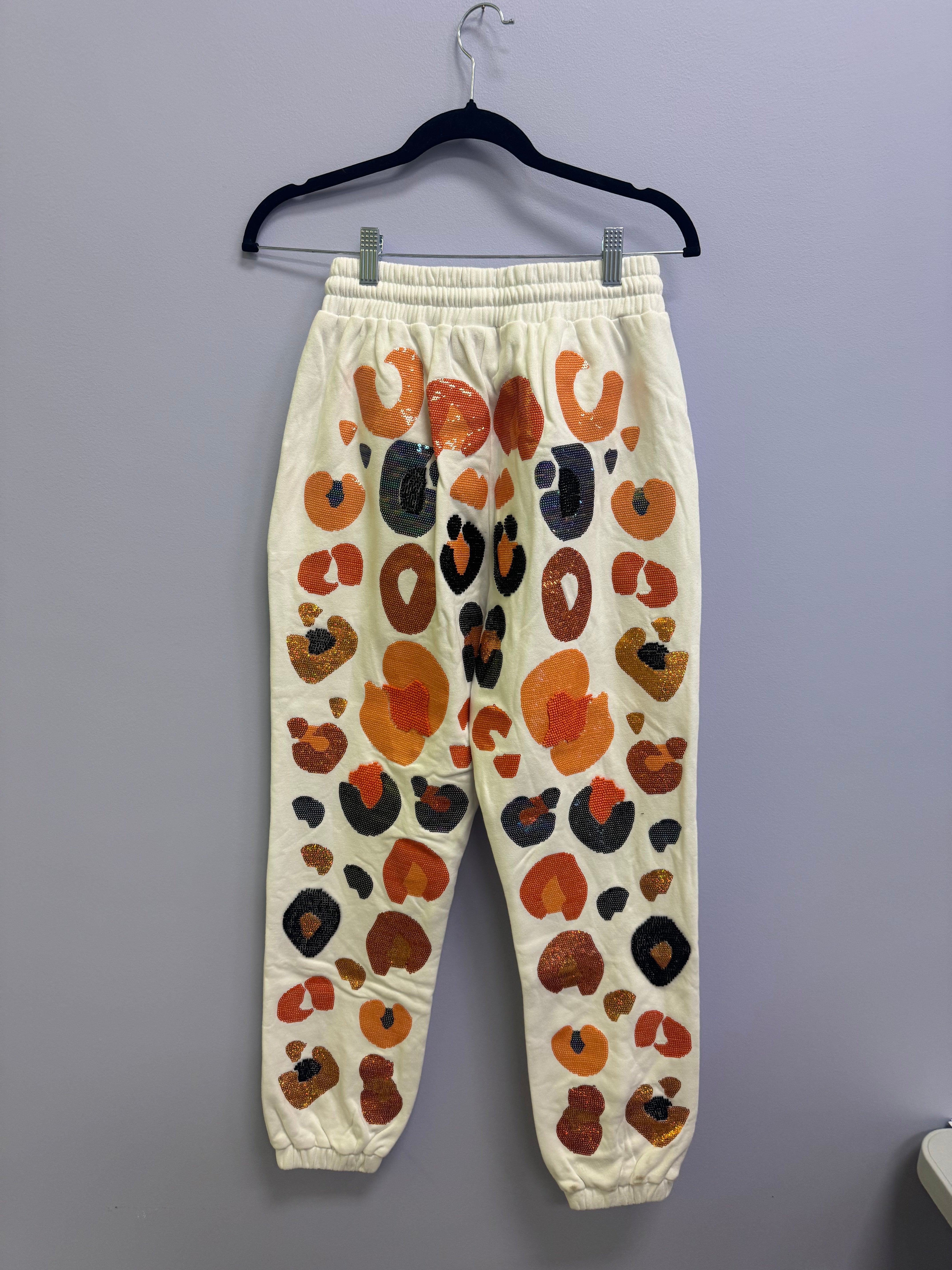 SAMPLE- WHITE & NAVY & ORANGE LEOPARD SEQUIN & SEAD BEAD JOGGER