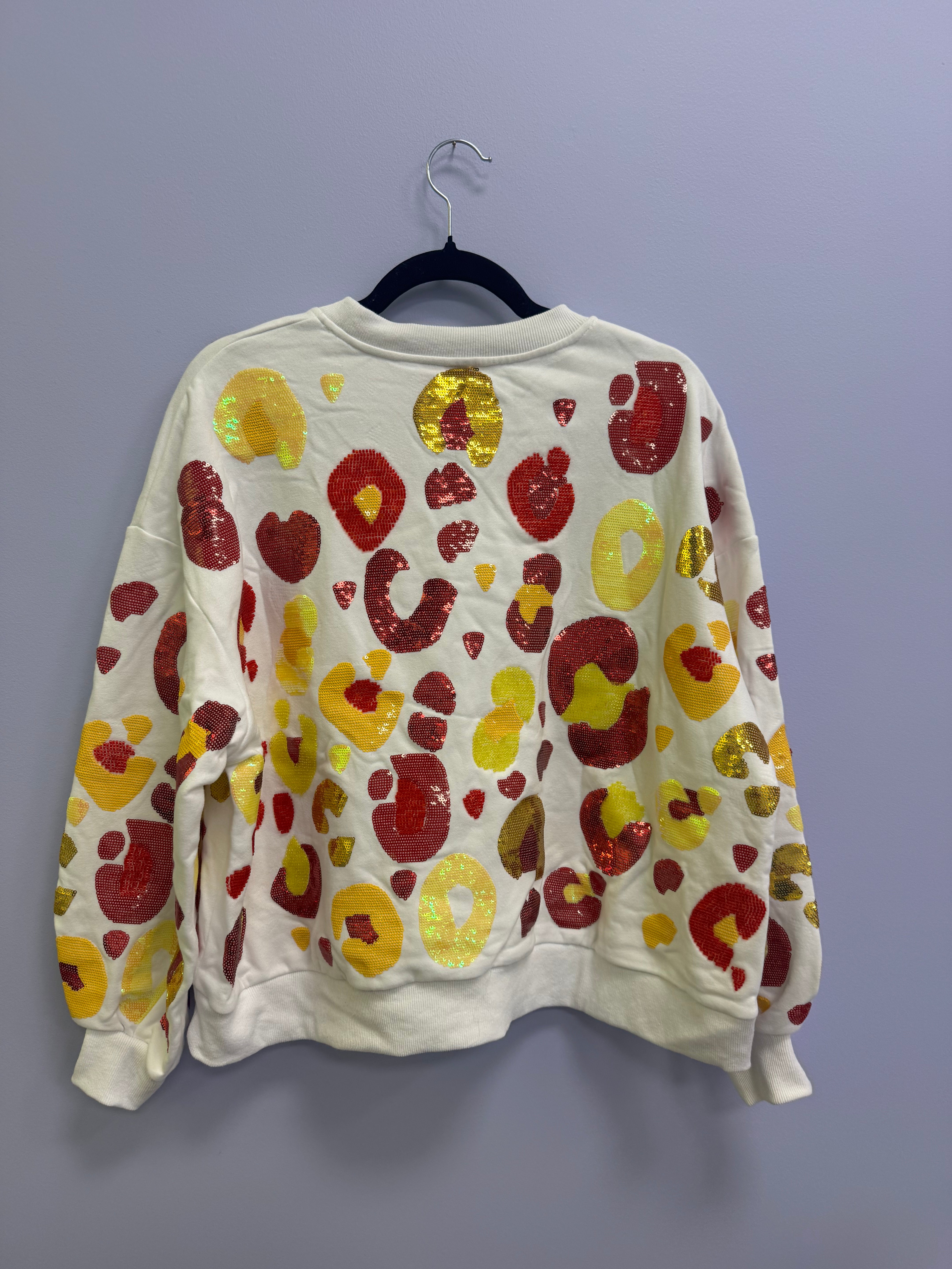 SAMPLE- WHITE & RED & YELLOW LEOPARD SEQUIN & SEAD BEAD SWEATSHIRT