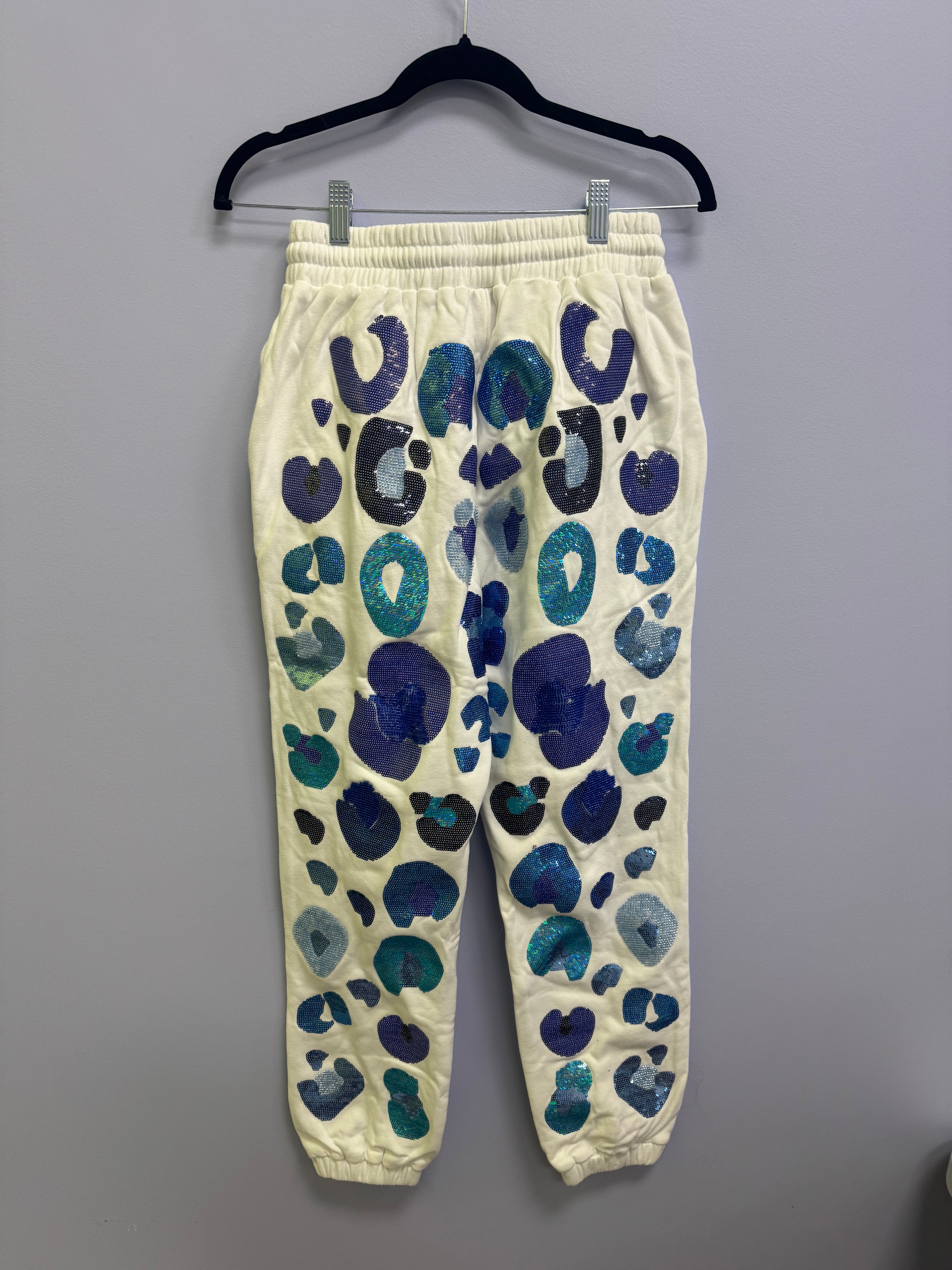 SAMPLE- WHITE & ROYAL LEOPARD SEQUIN & SEAD BEAD JOGGER