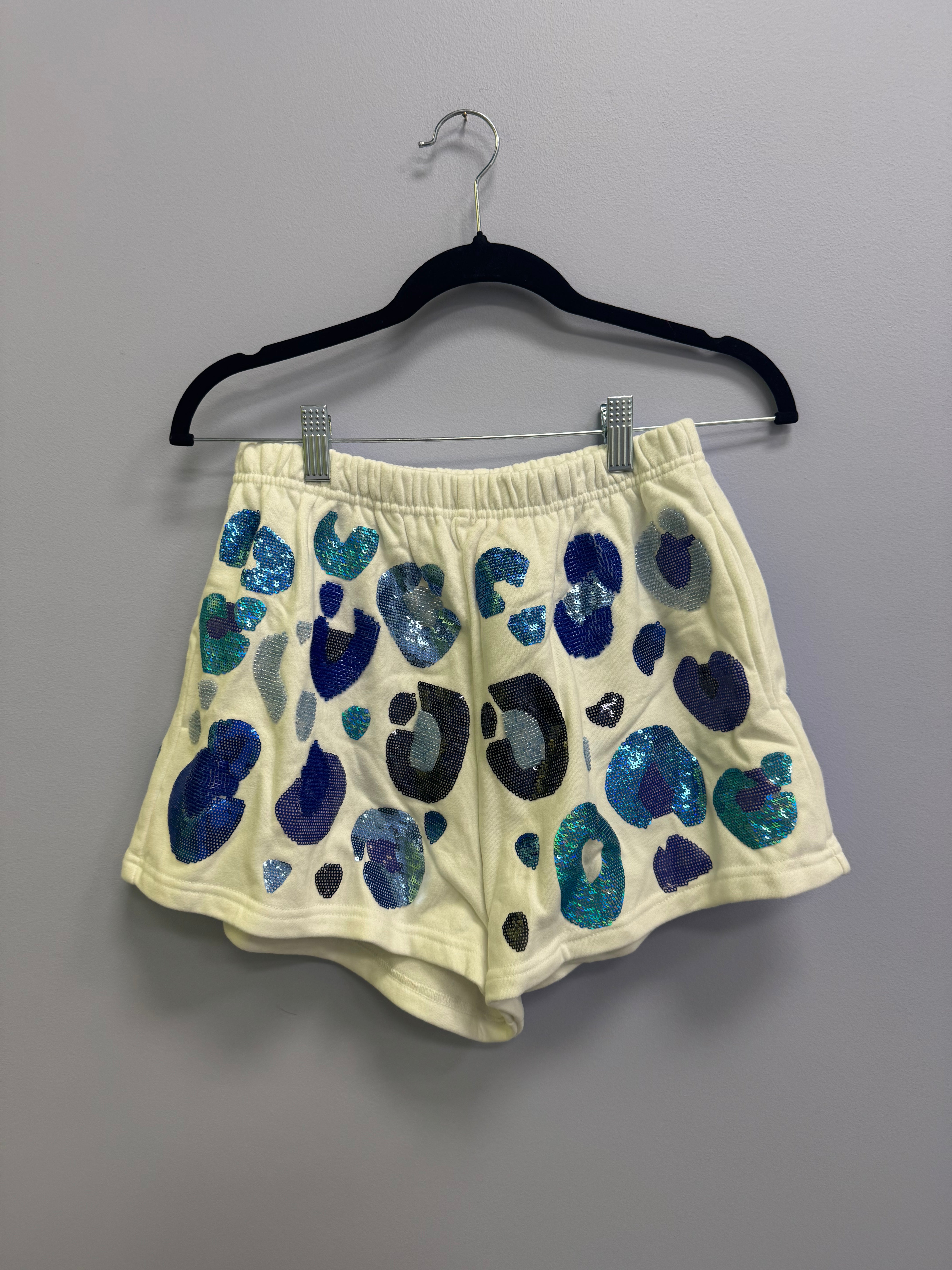 SAMPLE- WHITE & ROYAL LEOPARD SEQUIN & SEAD BEAD SHORTS