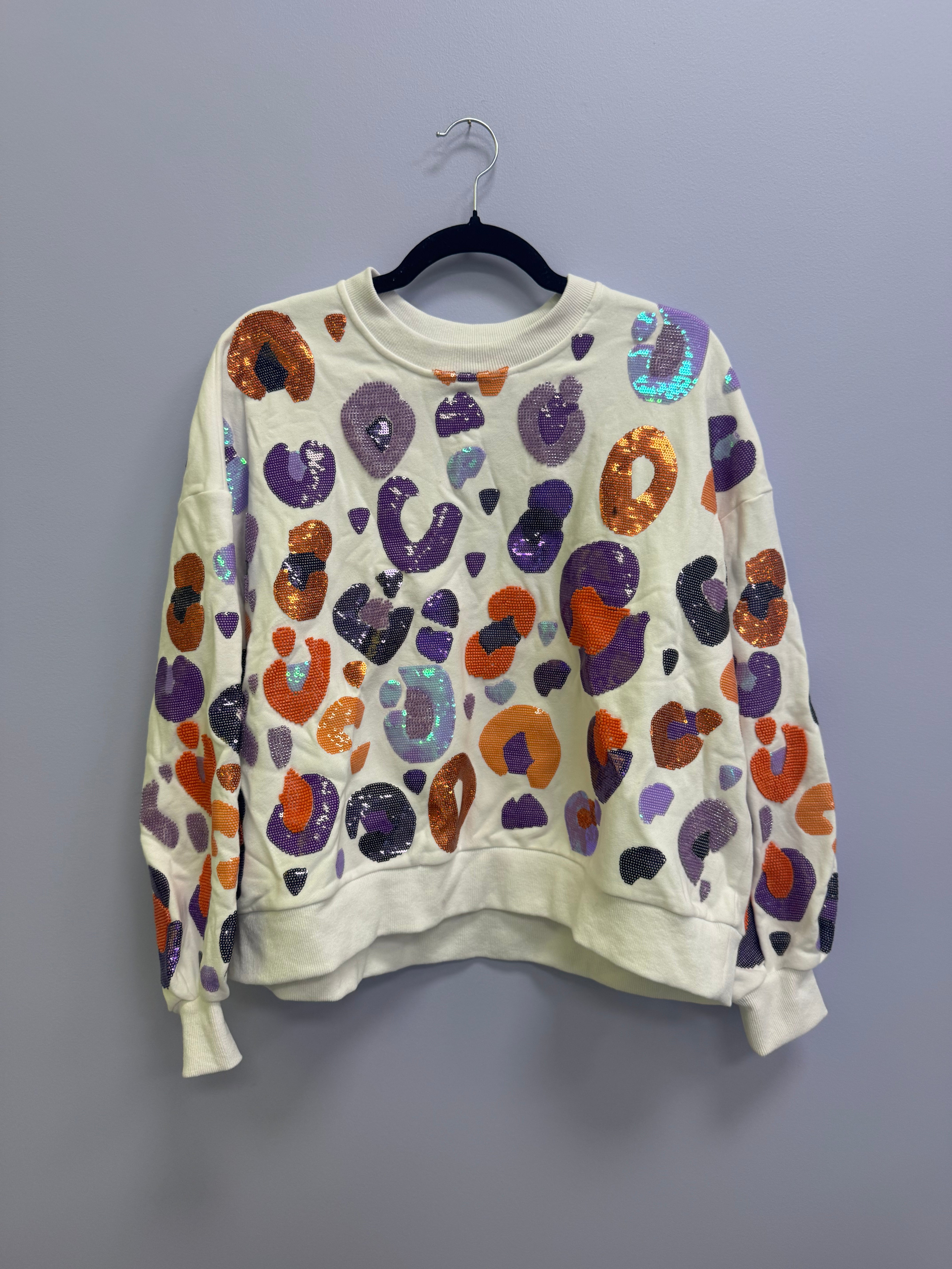 SAMPLE- WHITE & PURPLE & ORANGE LEOPARD SEQUIN & SEAD BEAD SWEATSHIRT