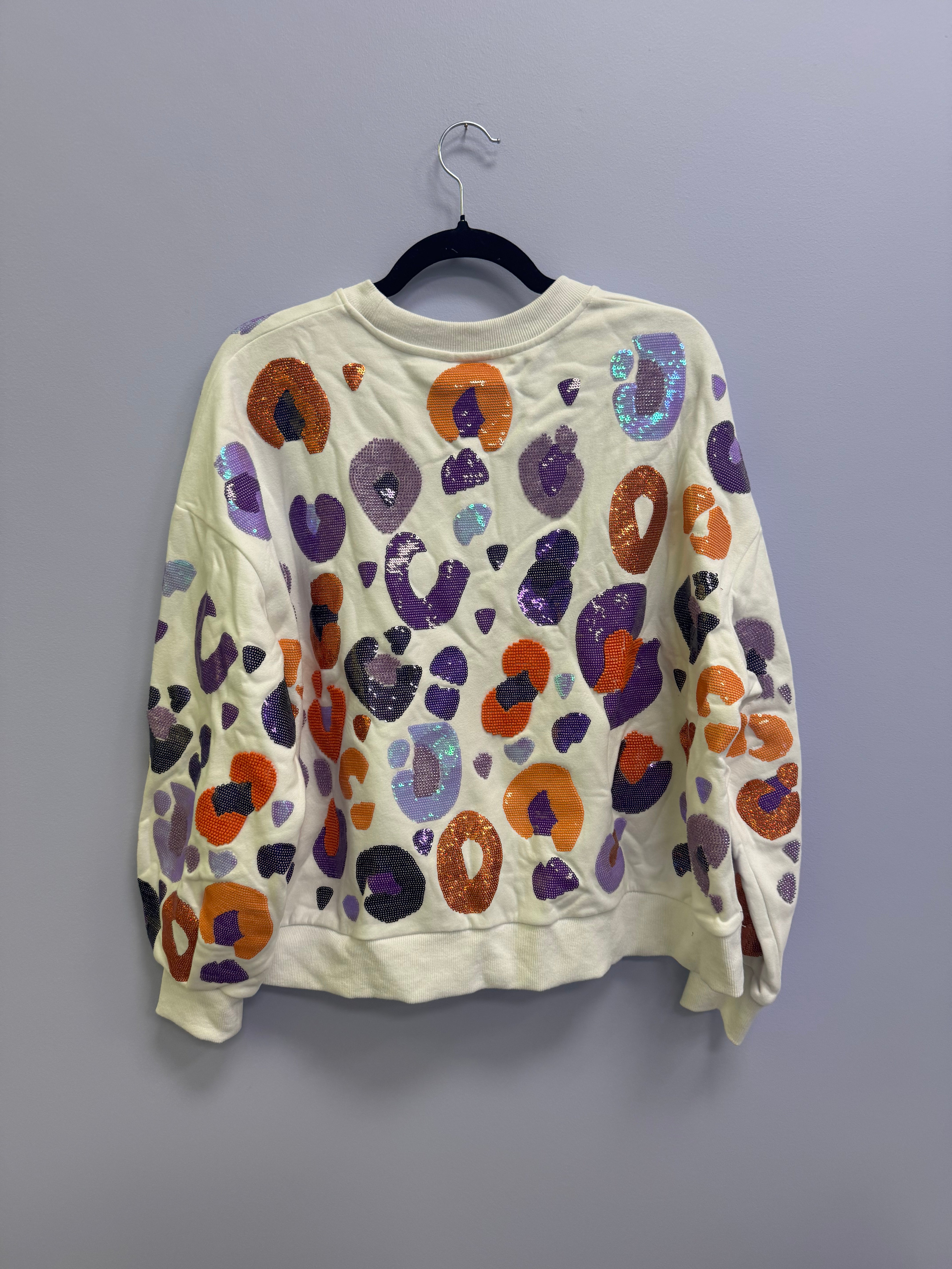 SAMPLE- WHITE & PURPLE & ORANGE LEOPARD SEQUIN & SEAD BEAD SWEATSHIRT