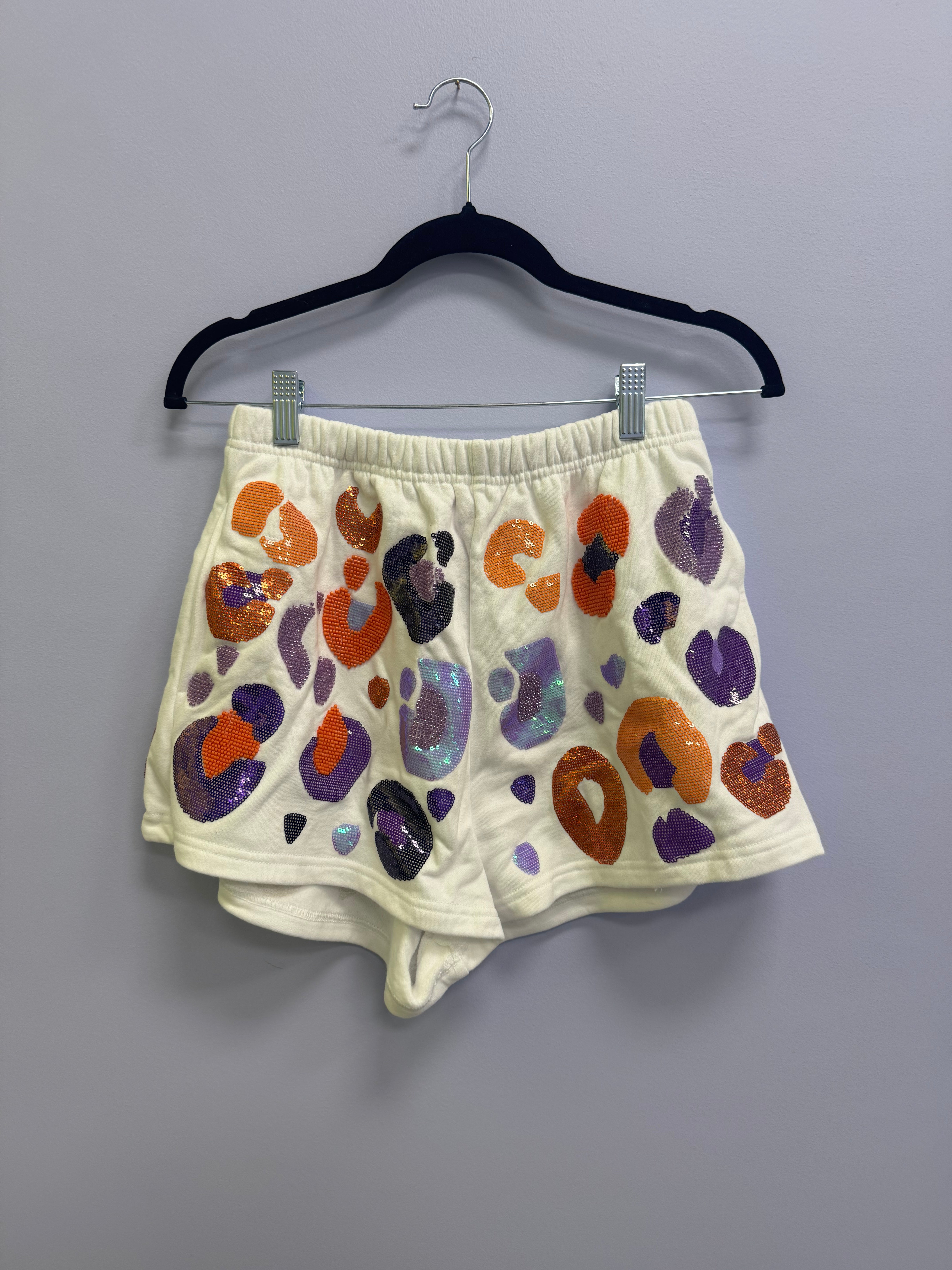 SAMPLE- WHITE & PURPLE & ORANGE LEOPARD SEQUIN & SEAD BEAD SHORTS