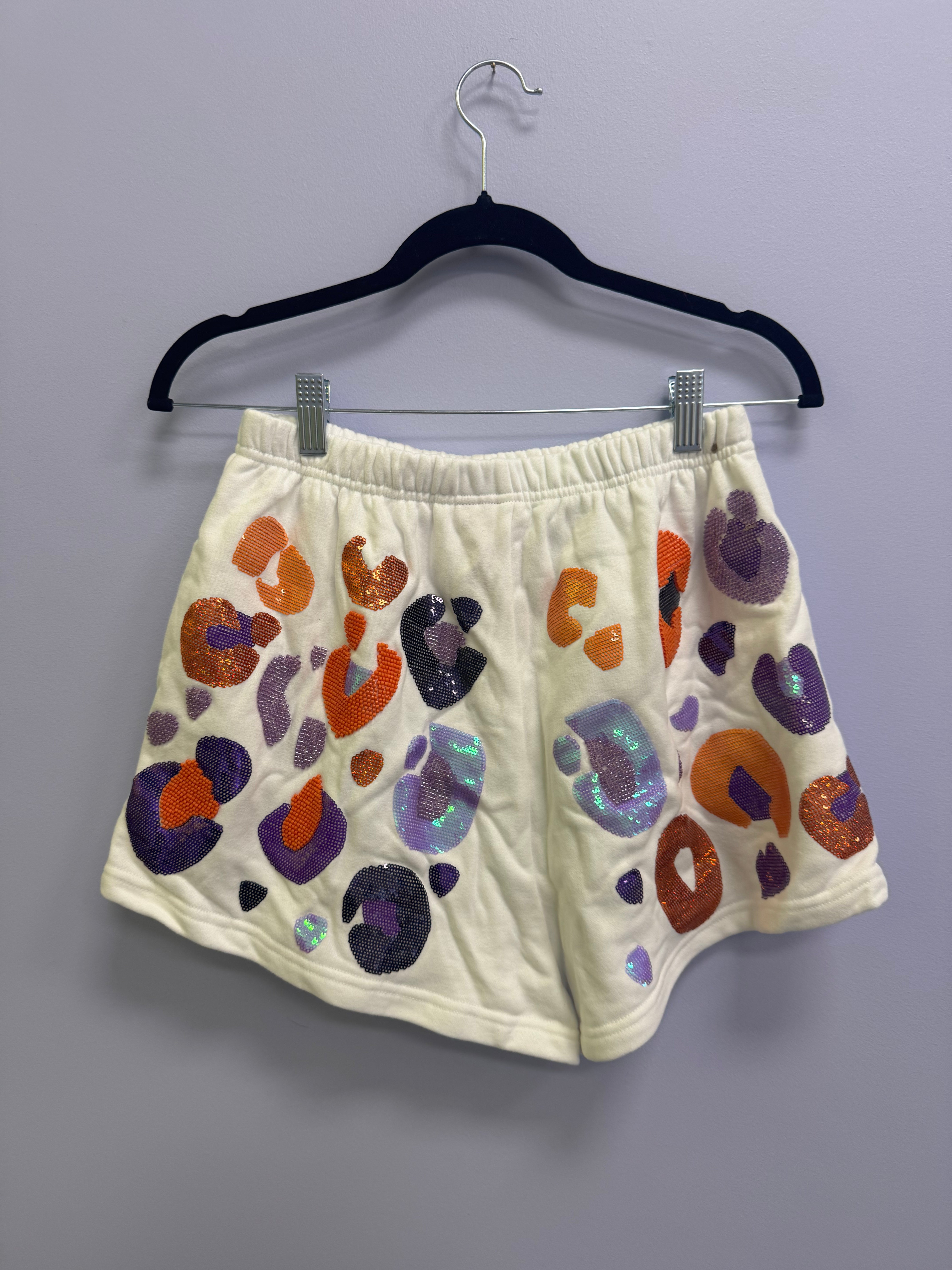 SAMPLE- WHITE & PURPLE & ORANGE LEOPARD SEQUIN & SEAD BEAD SHORTS