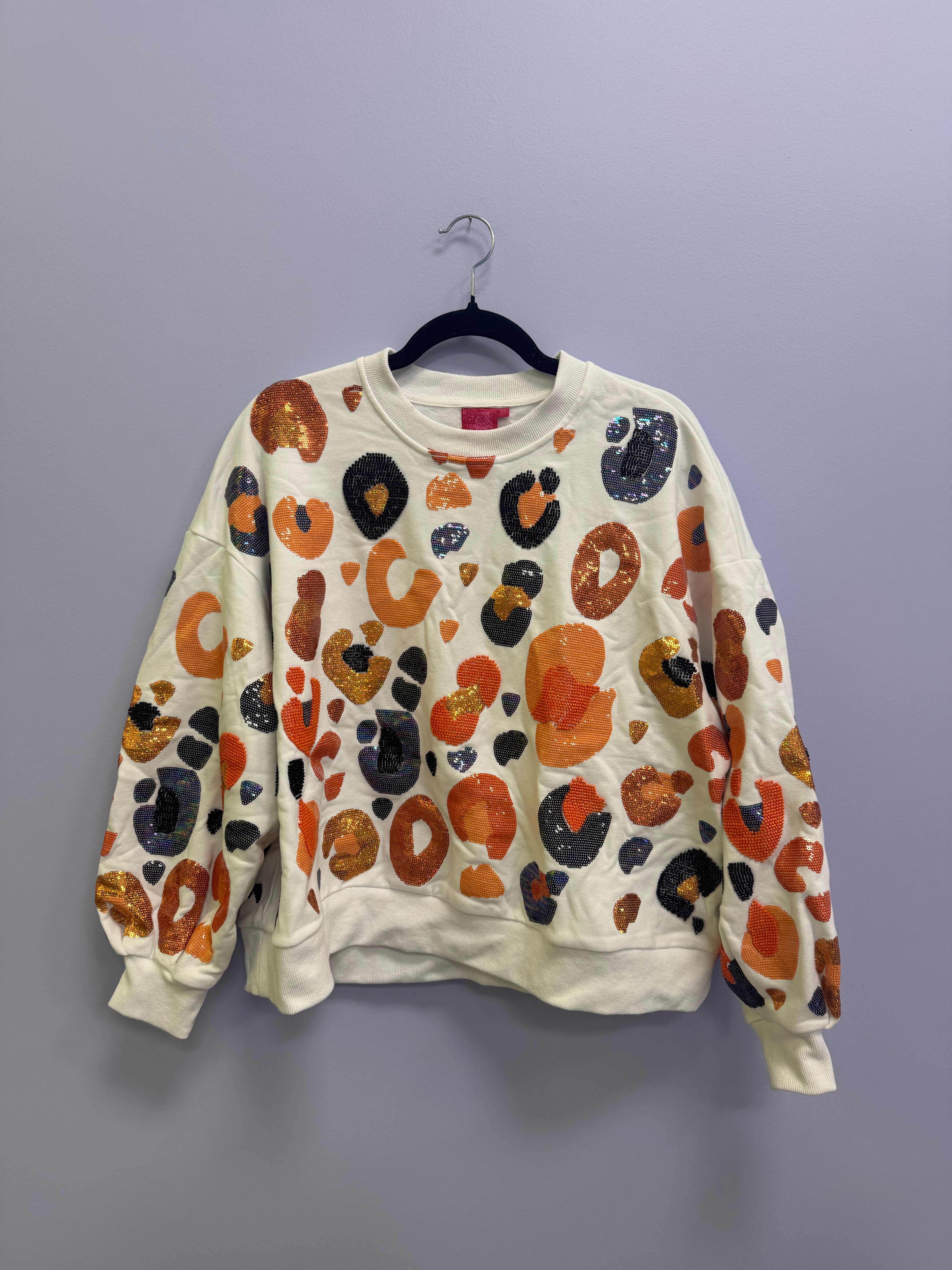 SAMPLE- WHITE & NAVY & ORANGE LEOPARD SEQUIN & SEAD BEAD SWEATSHIRT