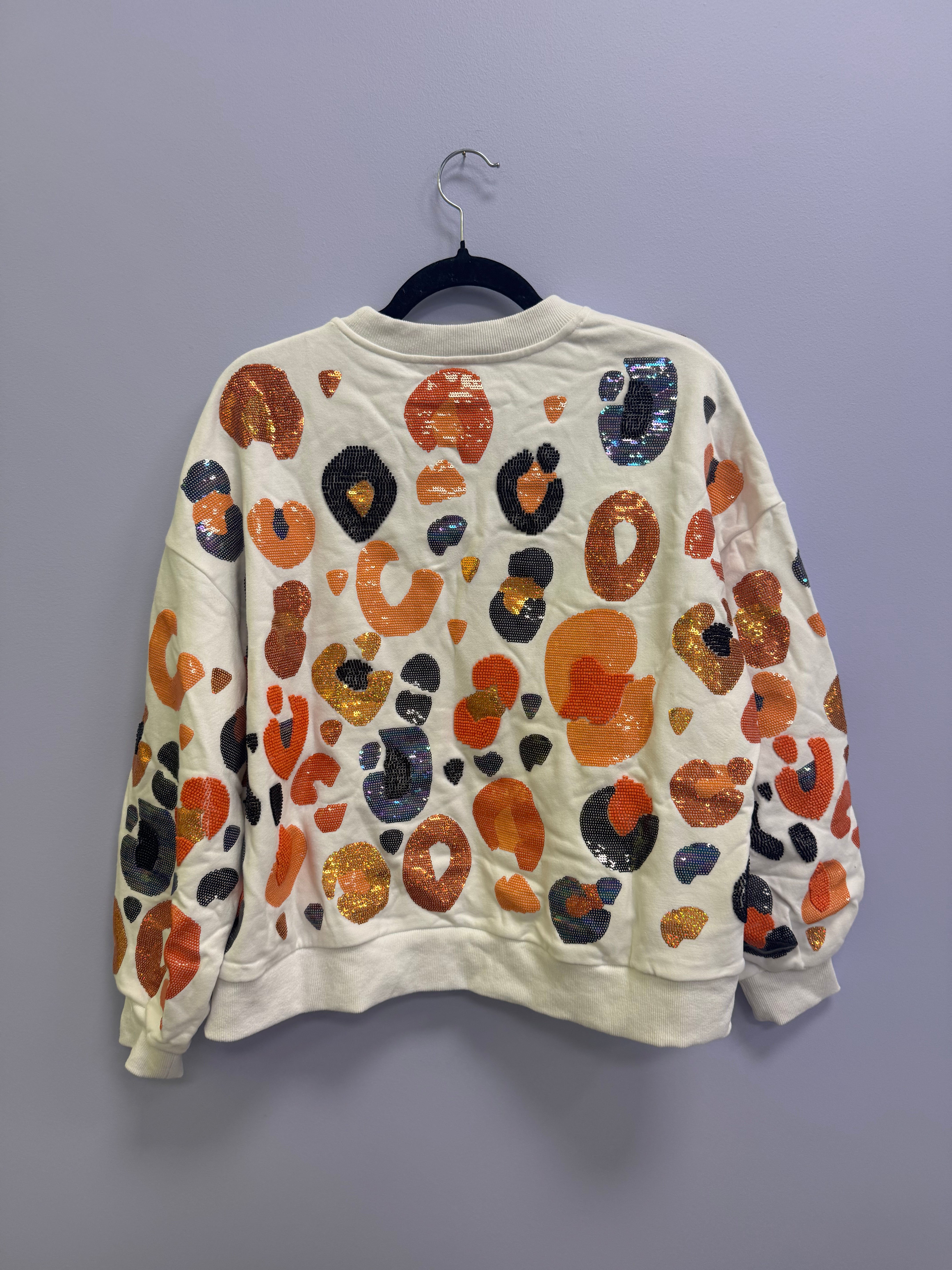 SAMPLE- WHITE & NAVY & ORANGE LEOPARD SEQUIN & SEAD BEAD SWEATSHIRT