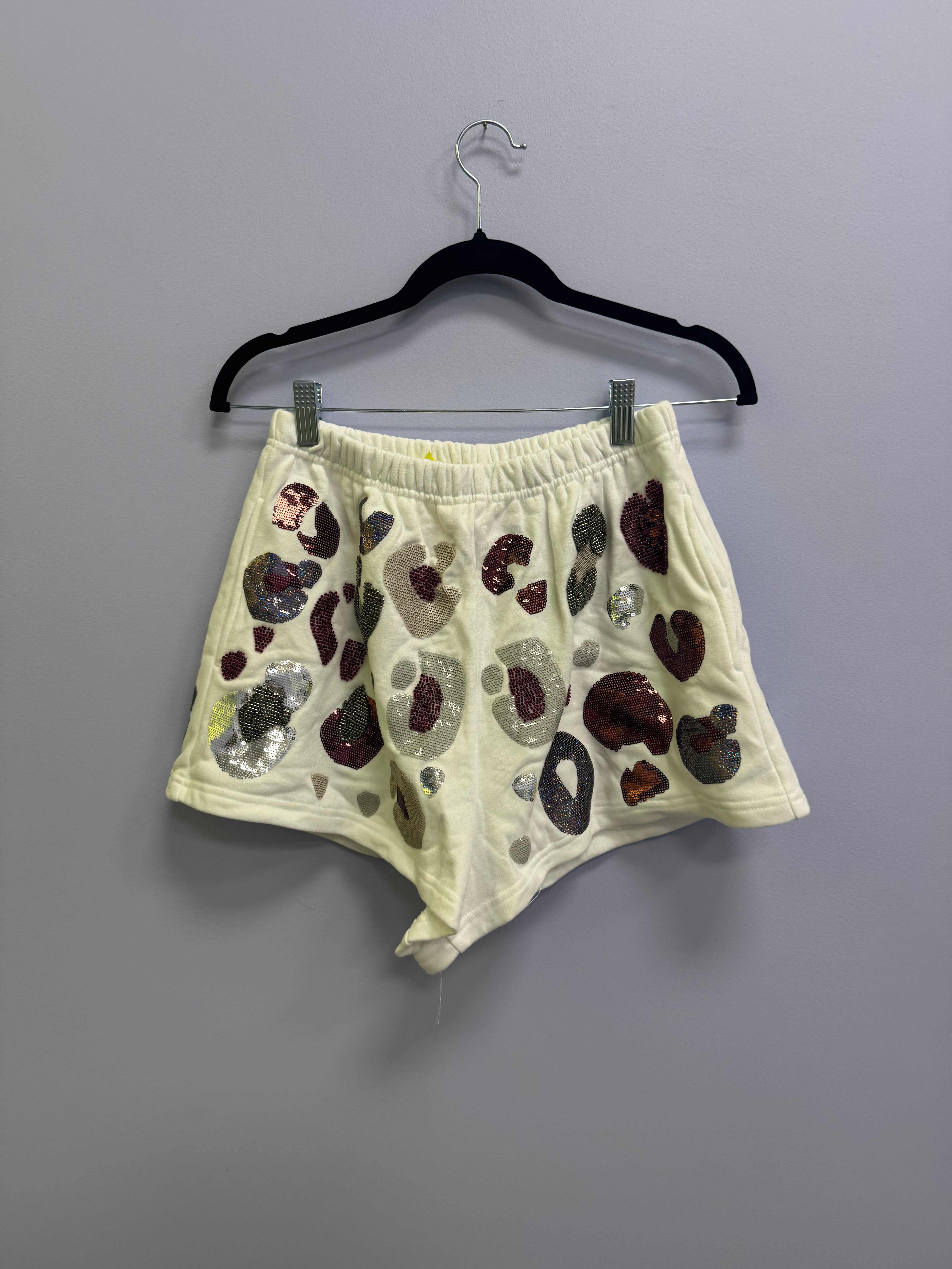 SAMPLE- WHITE & MAROON & GREY LEOPARD SEQUIN & SEAD BEAD SHORTS