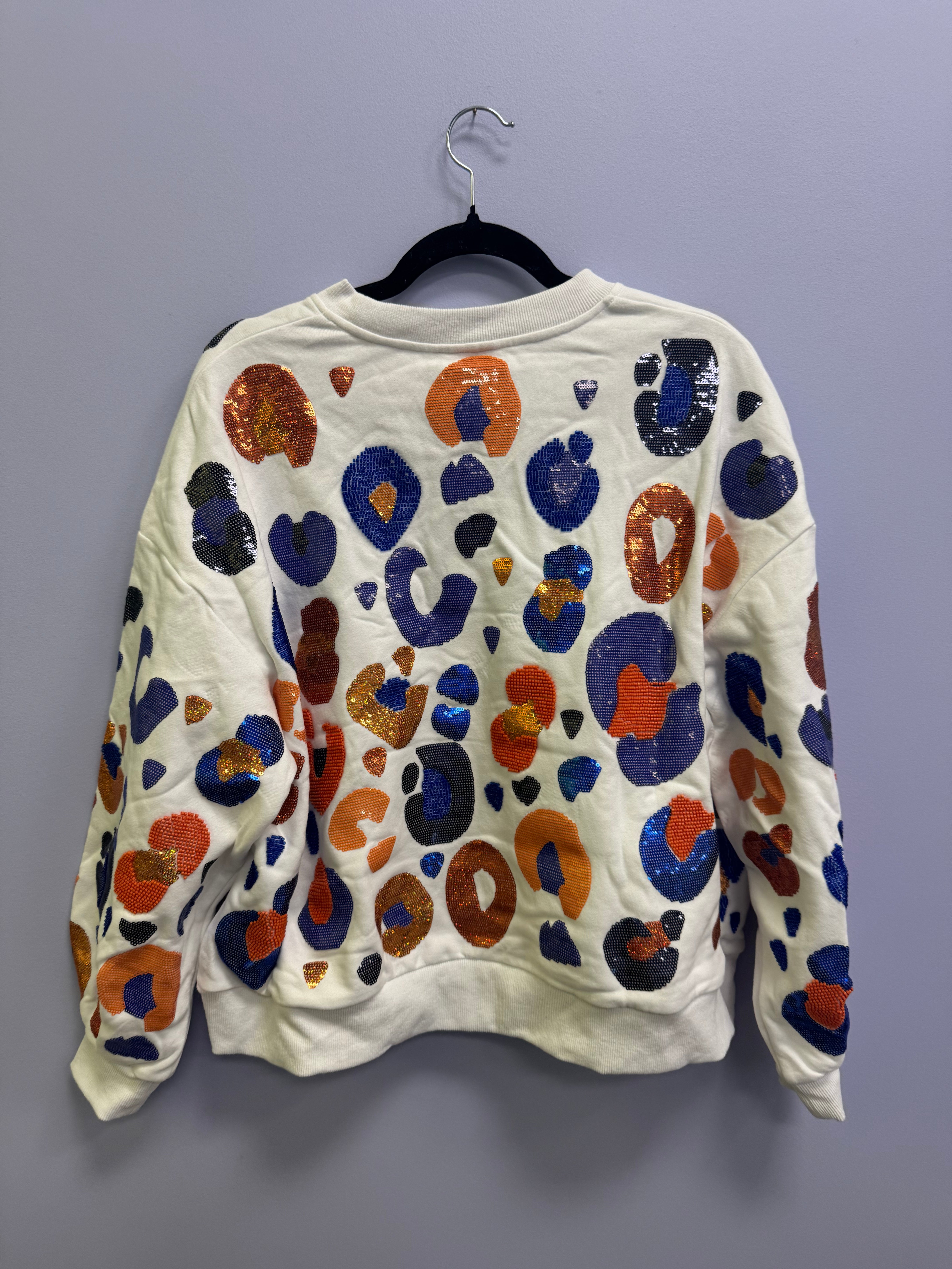 SAMPLE- WHITE & ROYAL & ORANGE LEOPARD SEQUIN & SEAD BEAD SWEATSHIRT