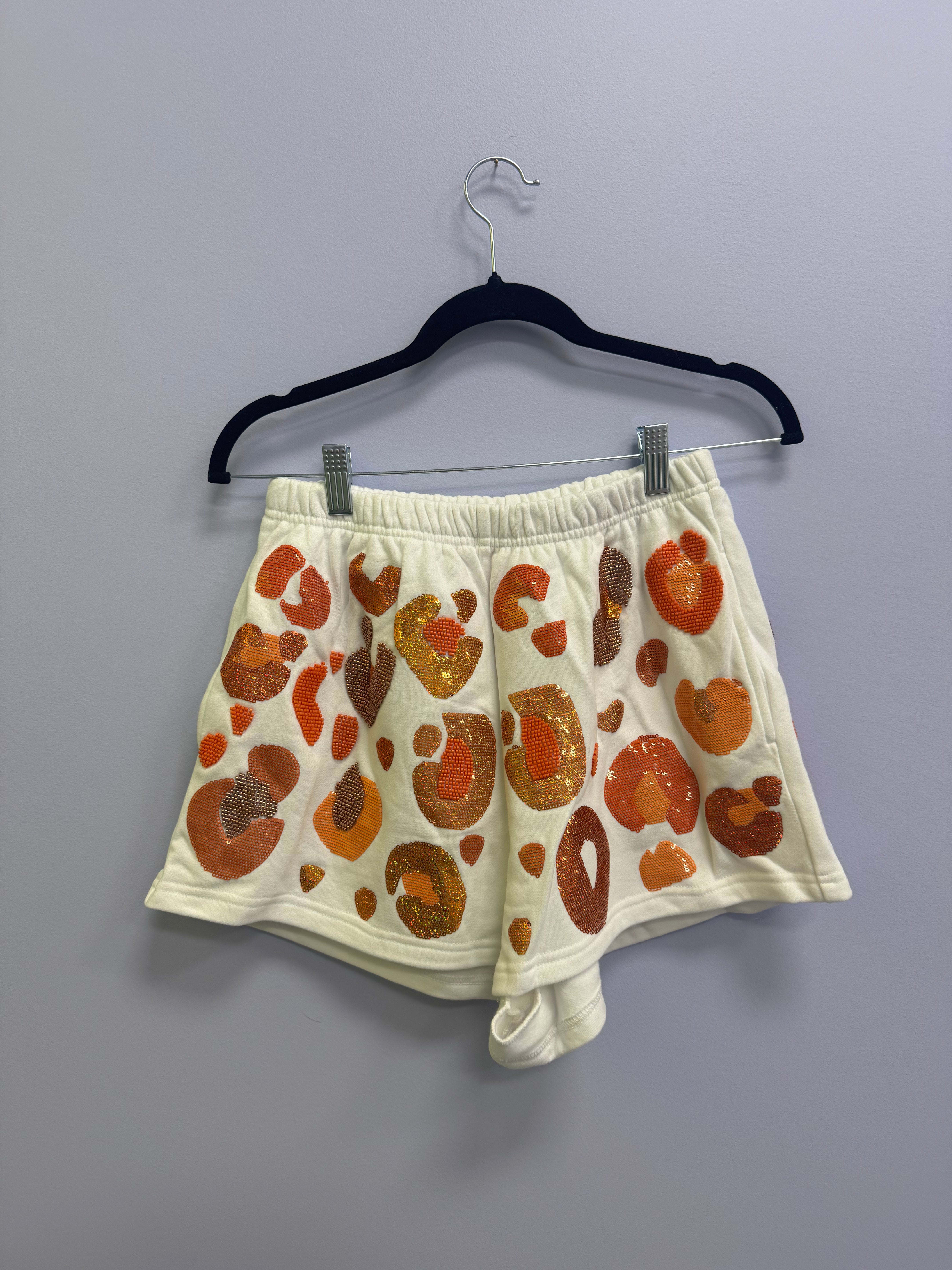 SAMPLE- WHITE & ORANGE LEOPARD SEQUIN & SEAD BEAD SHORTS