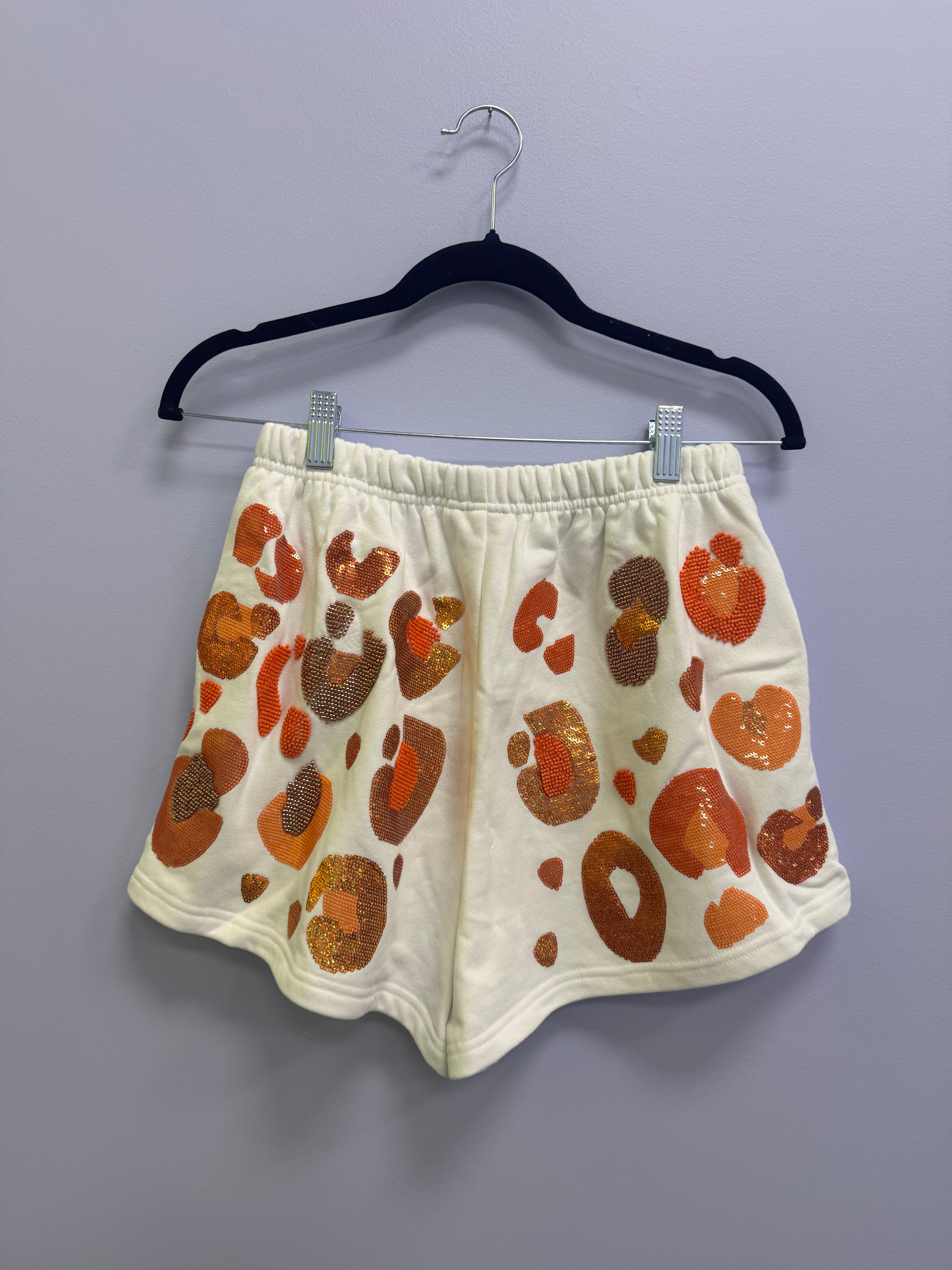 SAMPLE- WHITE & ORANGE LEOPARD SEQUIN & SEAD BEAD SHORTS