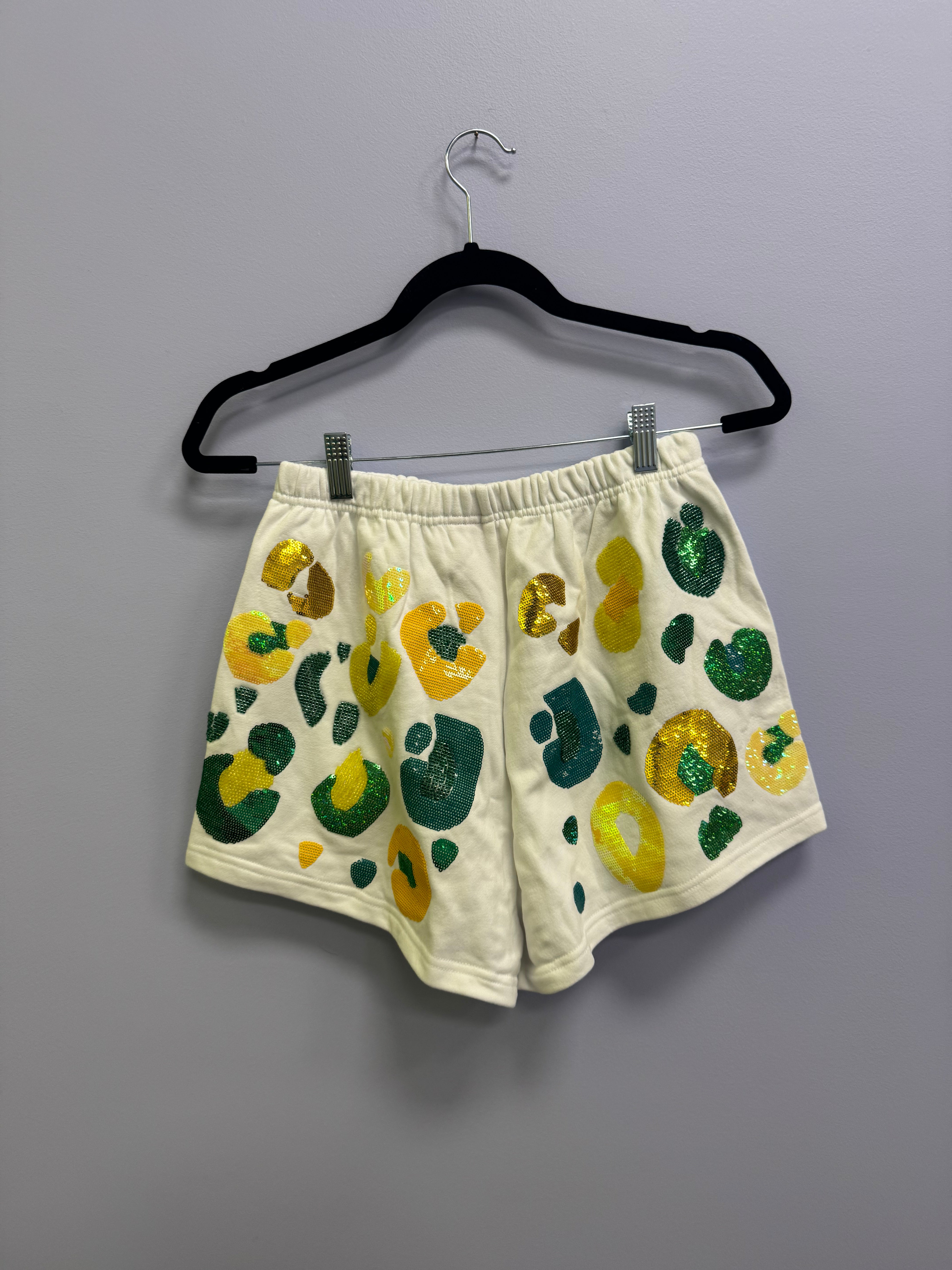 SAMPLE- WHITE & YELLOW & GREEN LEOPARD SEQUIN & SEAD BEAD SHORTS