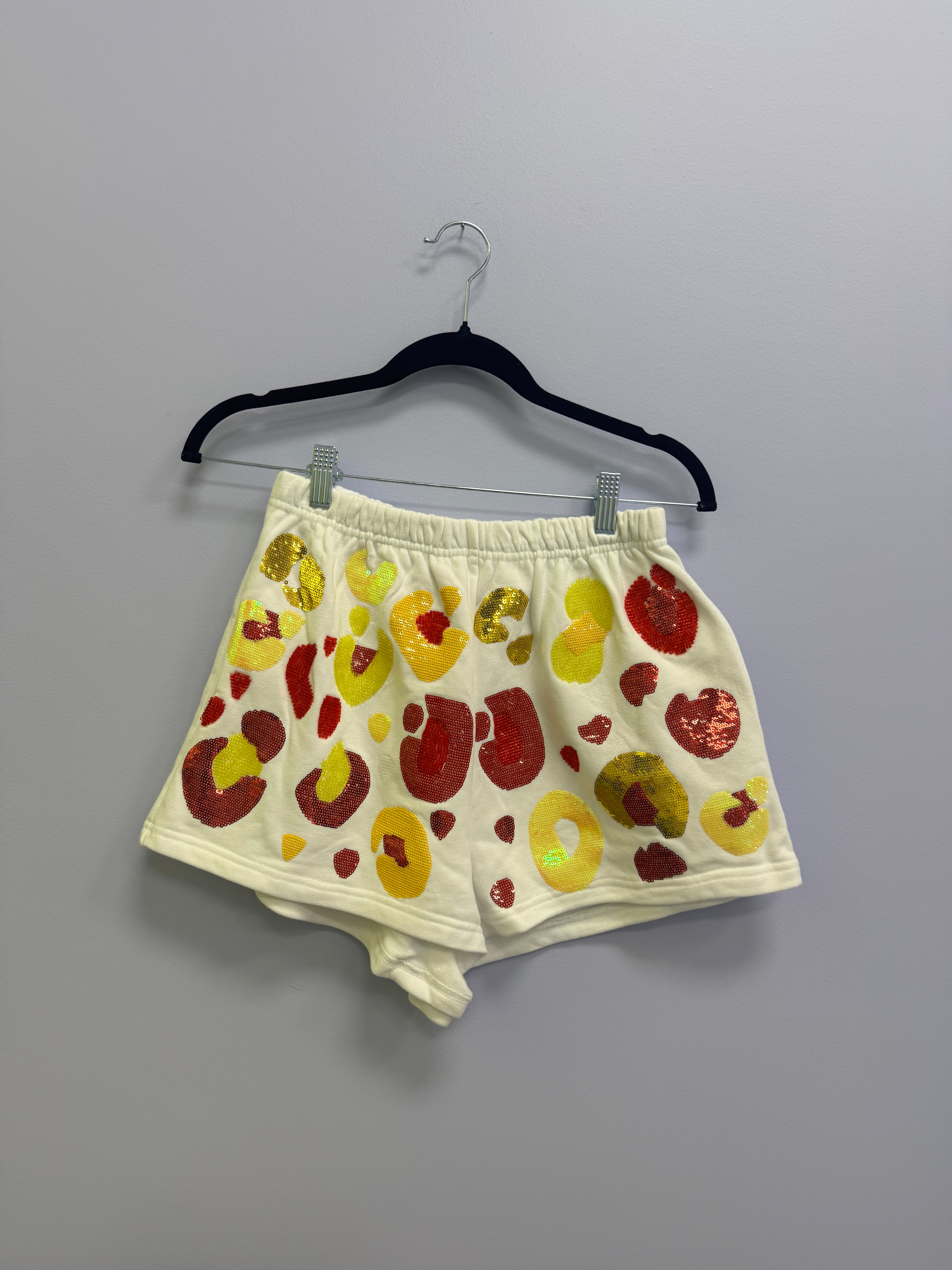 SAMPLE- WHITE & RED & YELLOW LEOPARD SEQUIN & SEAD BEAD SHORTS