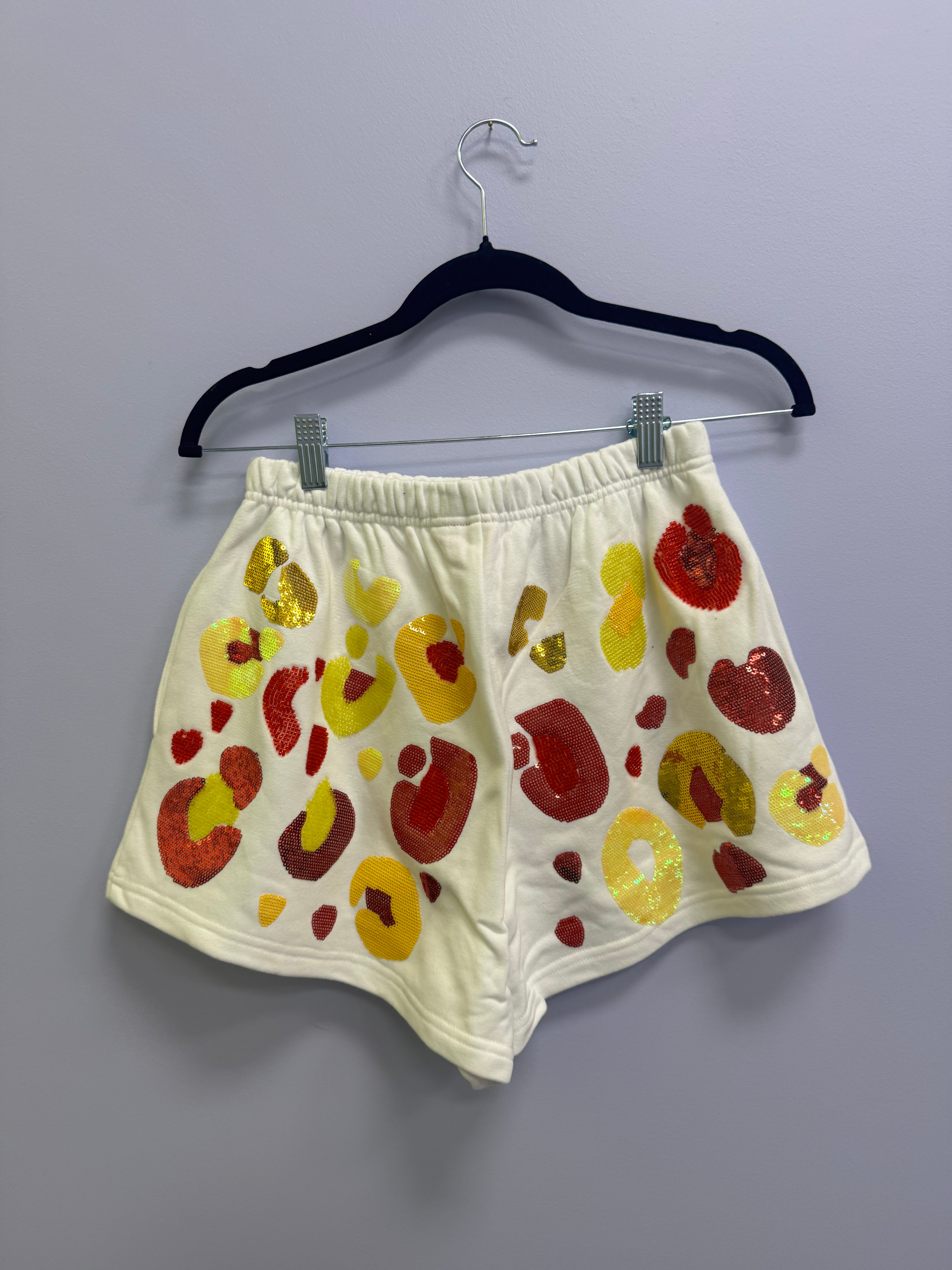 SAMPLE- WHITE & RED & YELLOW LEOPARD SEQUIN & SEAD BEAD SHORTS